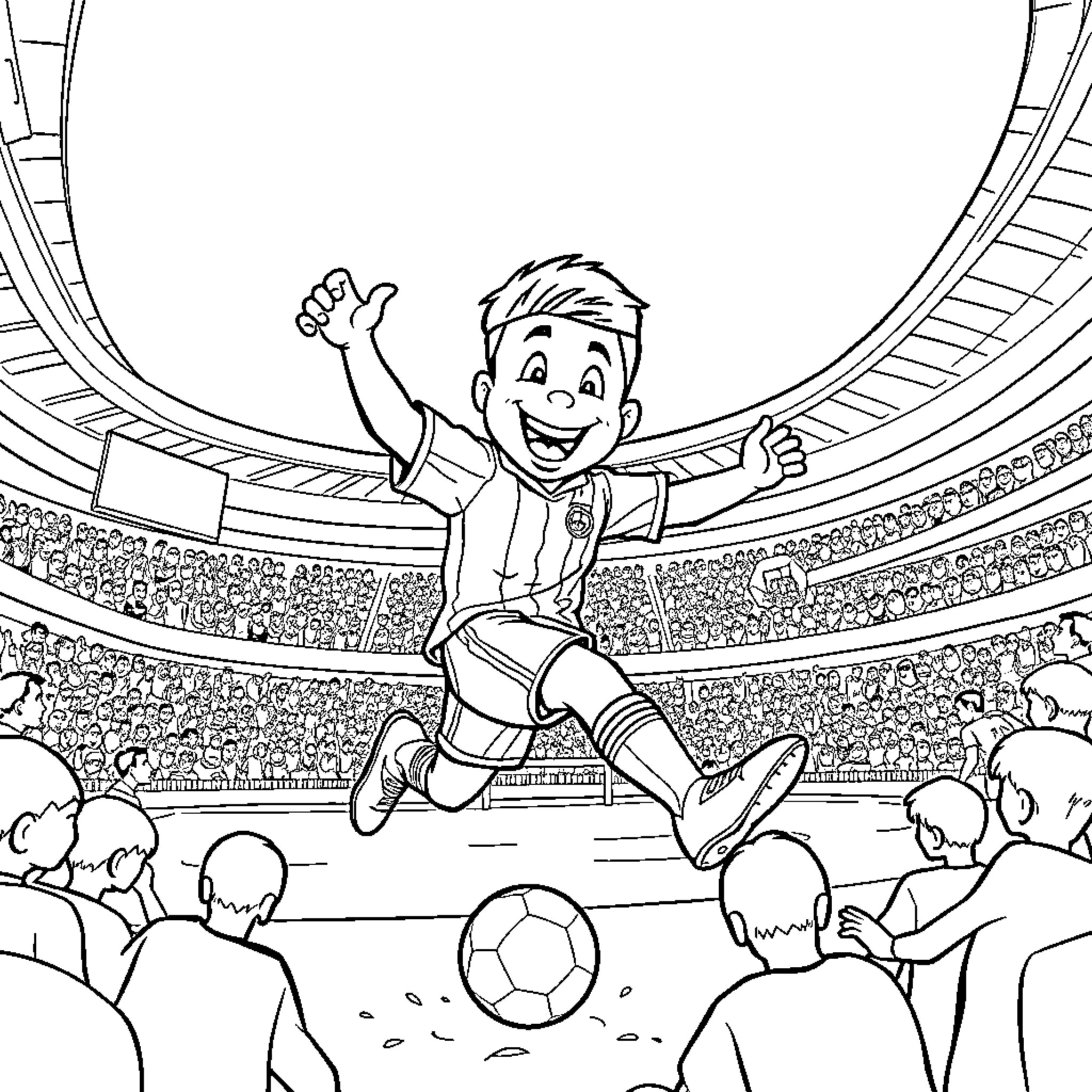 Sendillon cheering joyfully on soccer field Coloring Page (free black-and-white line drawing printable PDF for all, from beginners to advanced learners, including children, teens, adults, and seniors)