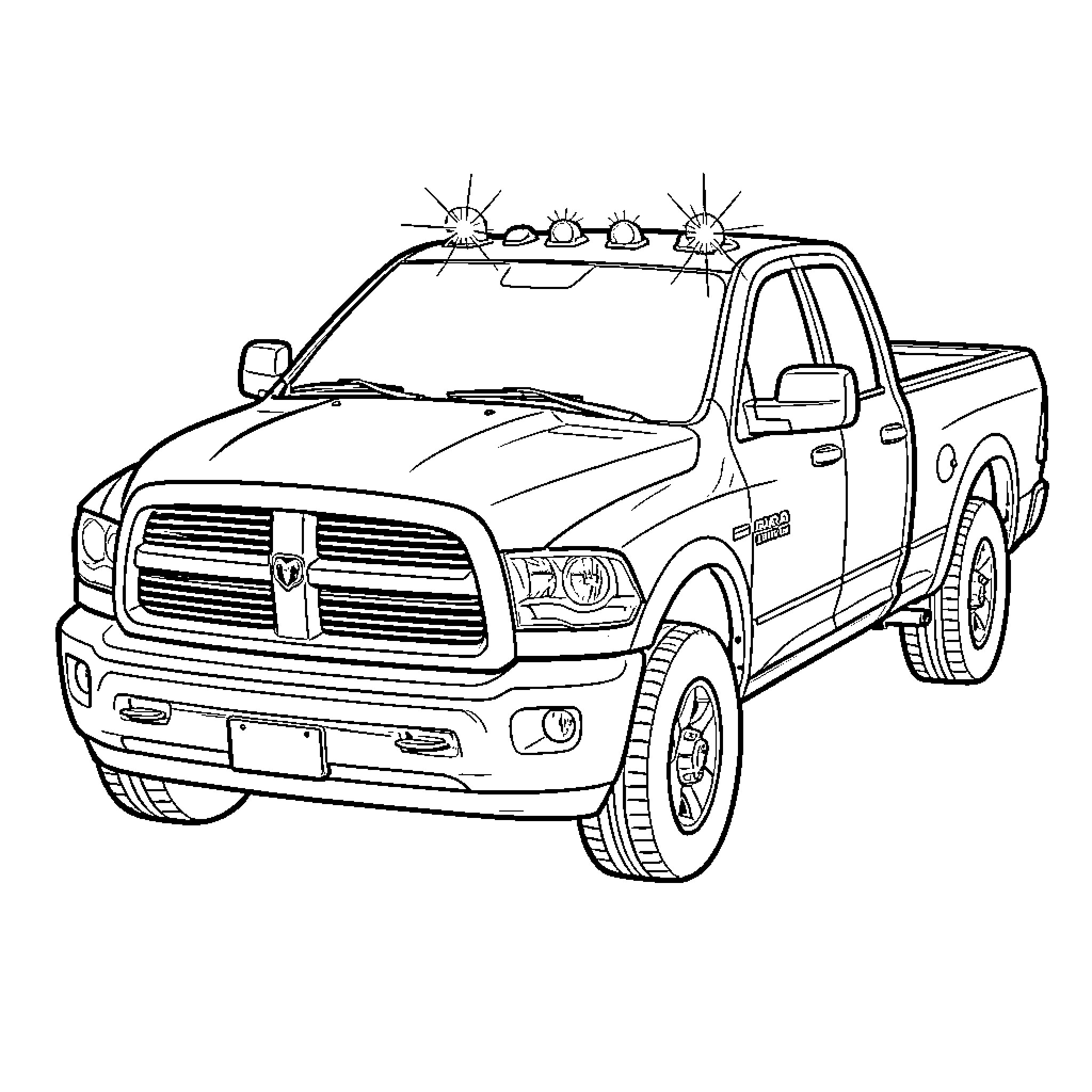Dodge RAM Truck parked on the street Coloring Page (free black-and-white line drawing printable PDF for all, from beginners to advanced learners, including children, teens, adults, and seniors)