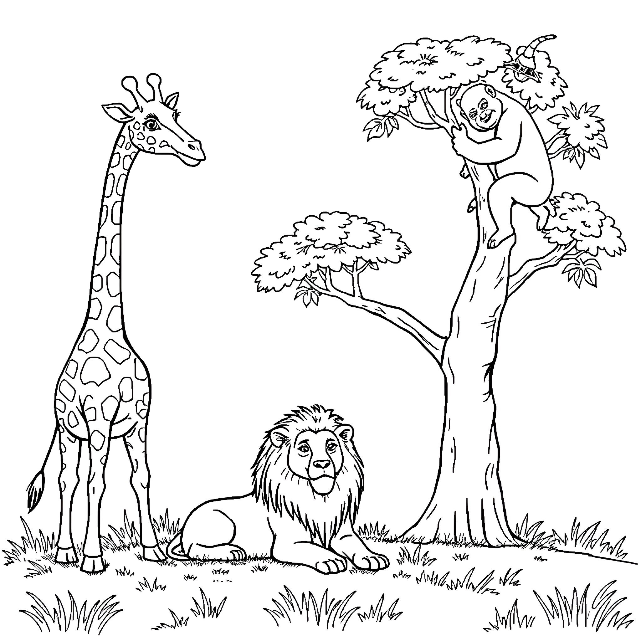 Giraffe and Lion in Peaceful Safari Scene Coloring Page (free black-and-white line drawing printable PDF for all, from beginners to advanced learners, including children, teens, adults, and seniors)