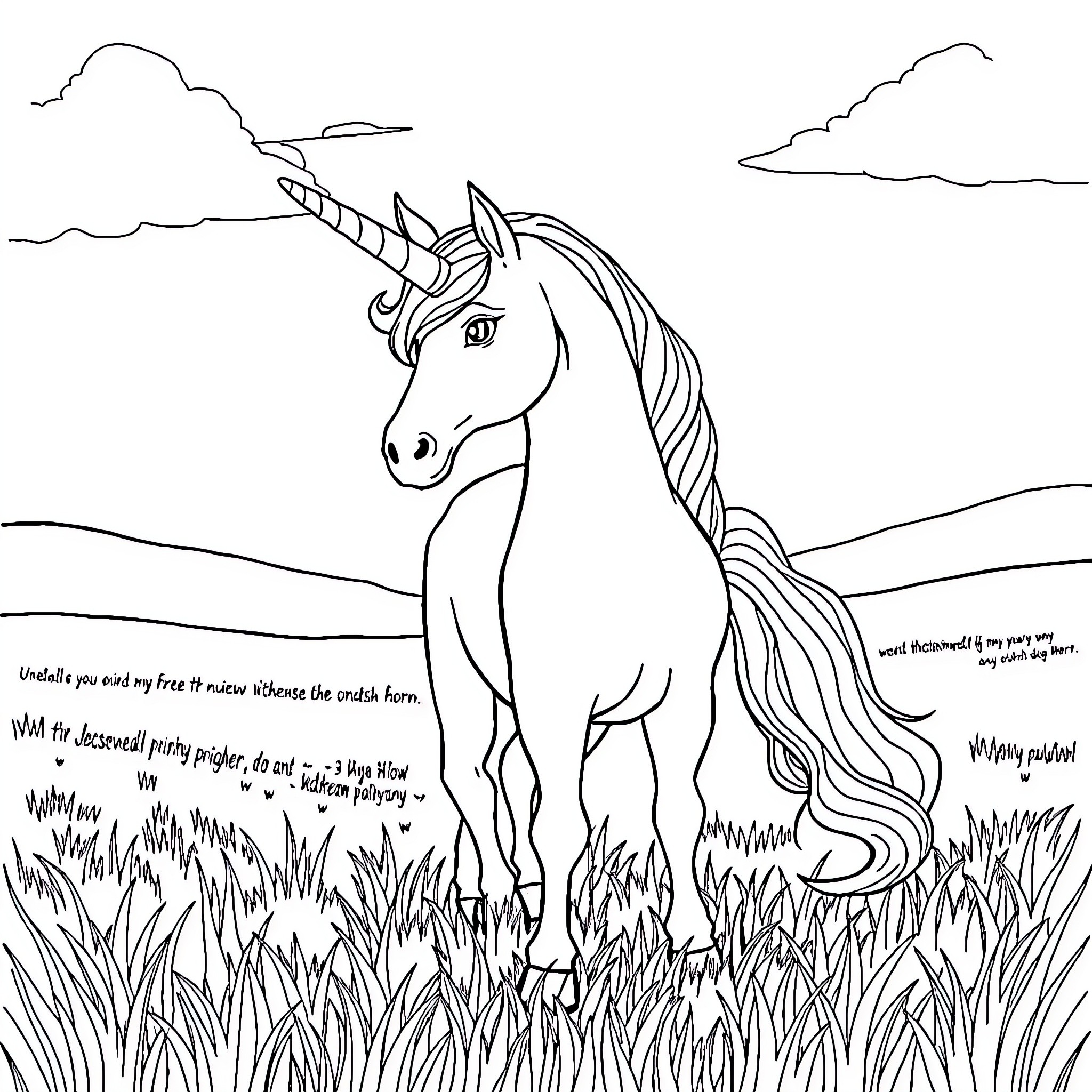 Unicorn standing proudly in a meadow Coloring Page (free black-and-white line drawing printable PDF for all, from beginners to advanced learners, including children, teens, adults, and seniors)