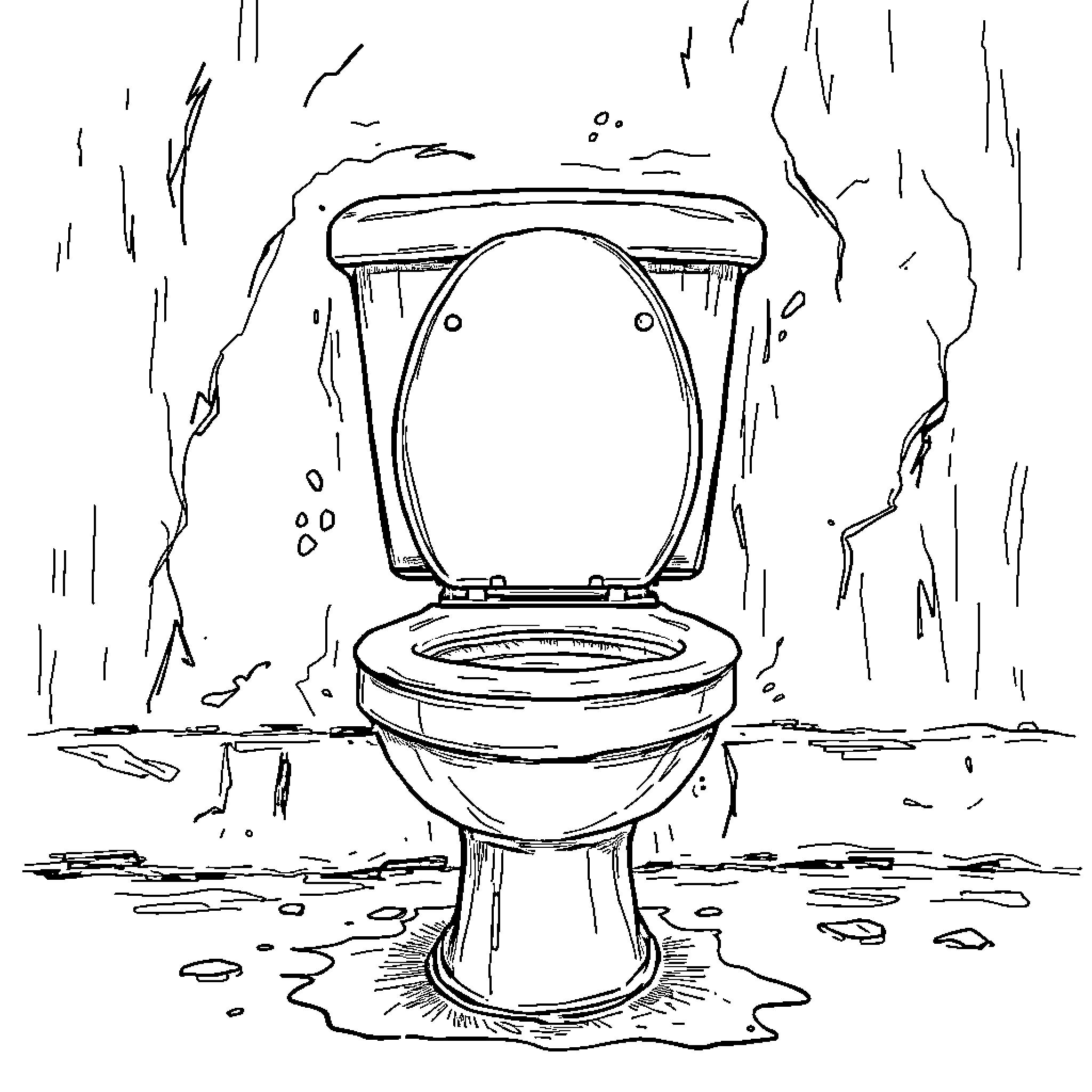 Toilet in rainy forest scene Coloring Page (free black-and-white line drawing printable PDF for all, from beginners to advanced learners, including children, teens, adults, and seniors)