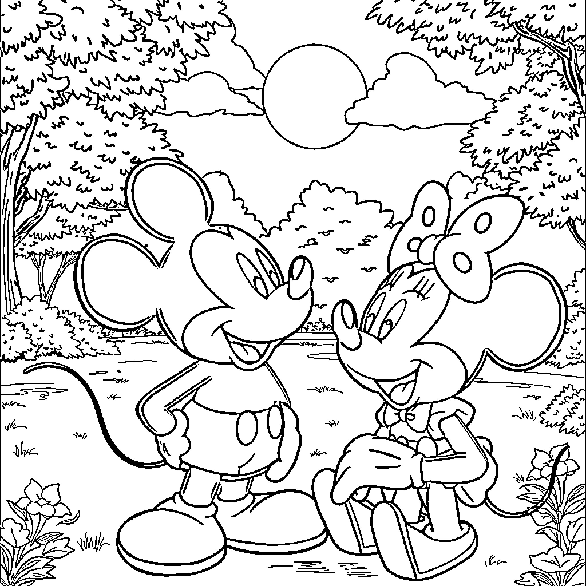 Mickey and Minnie's Outdoor Adventure Coloring Page (free black-and-white line drawing printable PDF for all, from beginners to advanced learners, including children, teens, adults, and seniors)