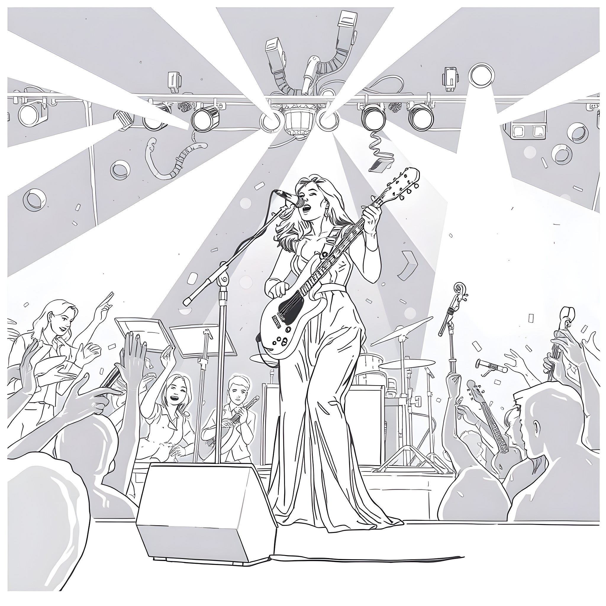 Florence and the Machine - Energetic Live Performance Coloring Page (free black-and-white line drawing printable PDF for all, from beginners to advanced learners, including children, teens, adults, and seniors)