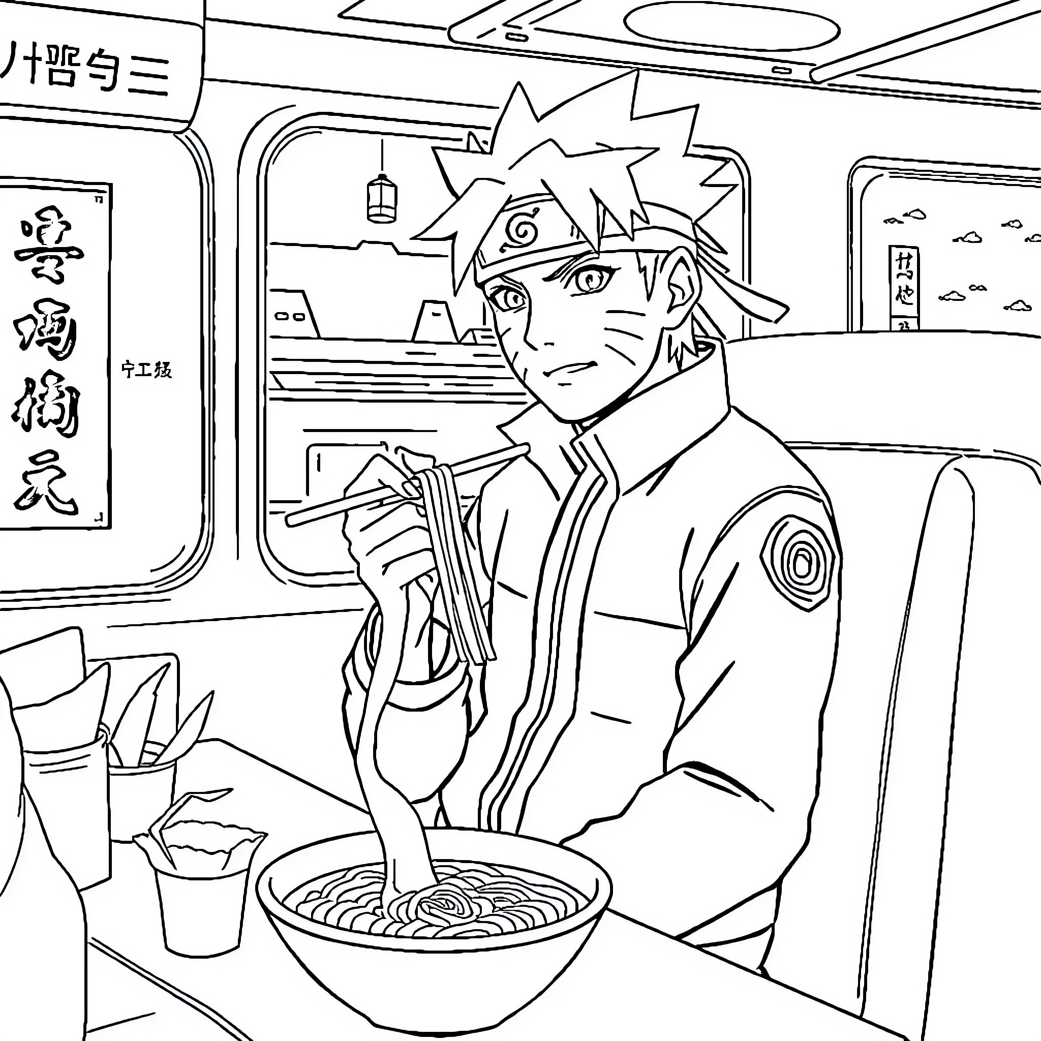 Naruto enjoying a traditional meal in a local eatery Coloring Page (free black-and-white line drawing printable PDF for all, from beginners to advanced learners, including children, teens, adults, and seniors)