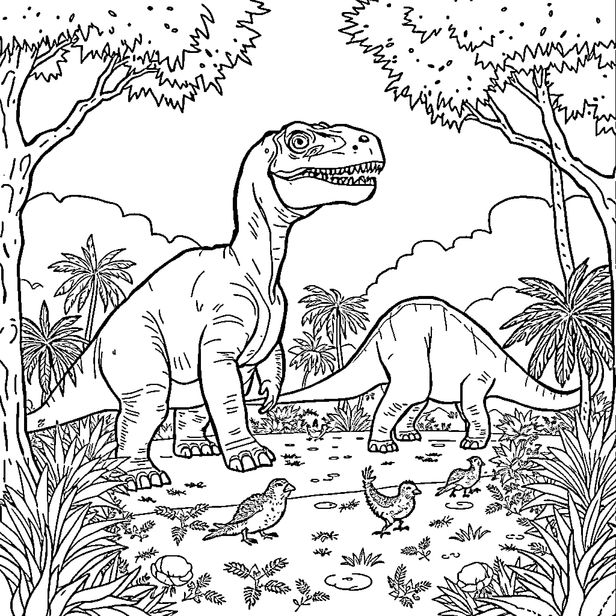 Dinosaurs roaming through the prehistoric landscape Coloring Page (free black-and-white line drawing printable PDF for all, from beginners to advanced learners, including children, teens, adults, and seniors)