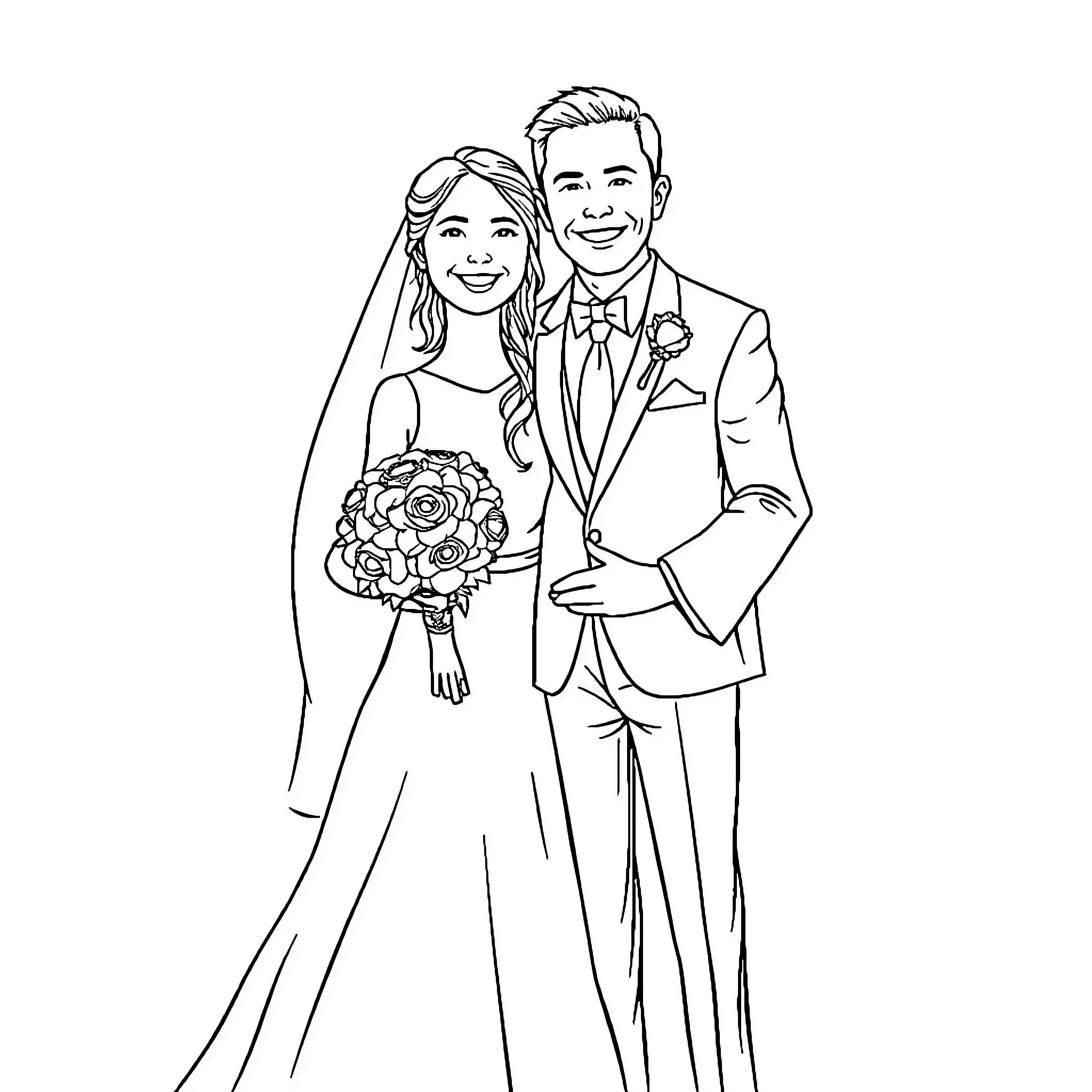 Bride and Groom Smiling on Their Wedding Day Coloring Page (free black-and-white line drawing printable PDF for all, from beginners to advanced learners, including children, teens, adults, and seniors)