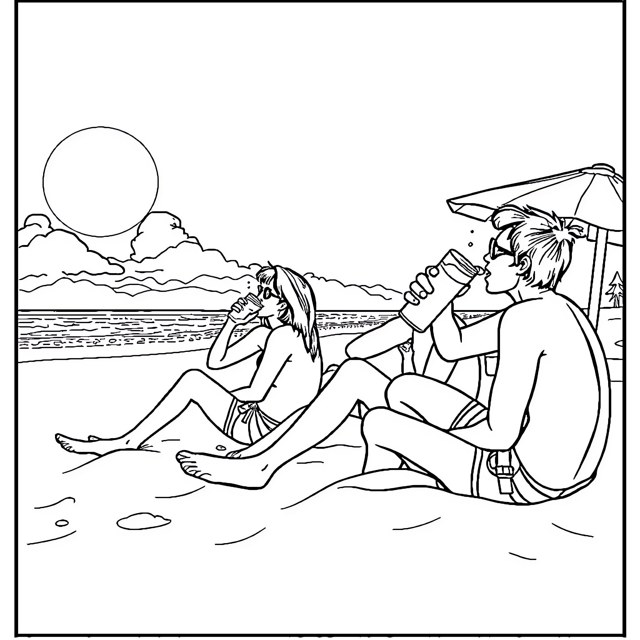 Person sitting and relaxing on the beach Coloring Page (free black-and-white line drawing printable PDF for all, from beginners to advanced learners, including children, teens, adults, and seniors)
