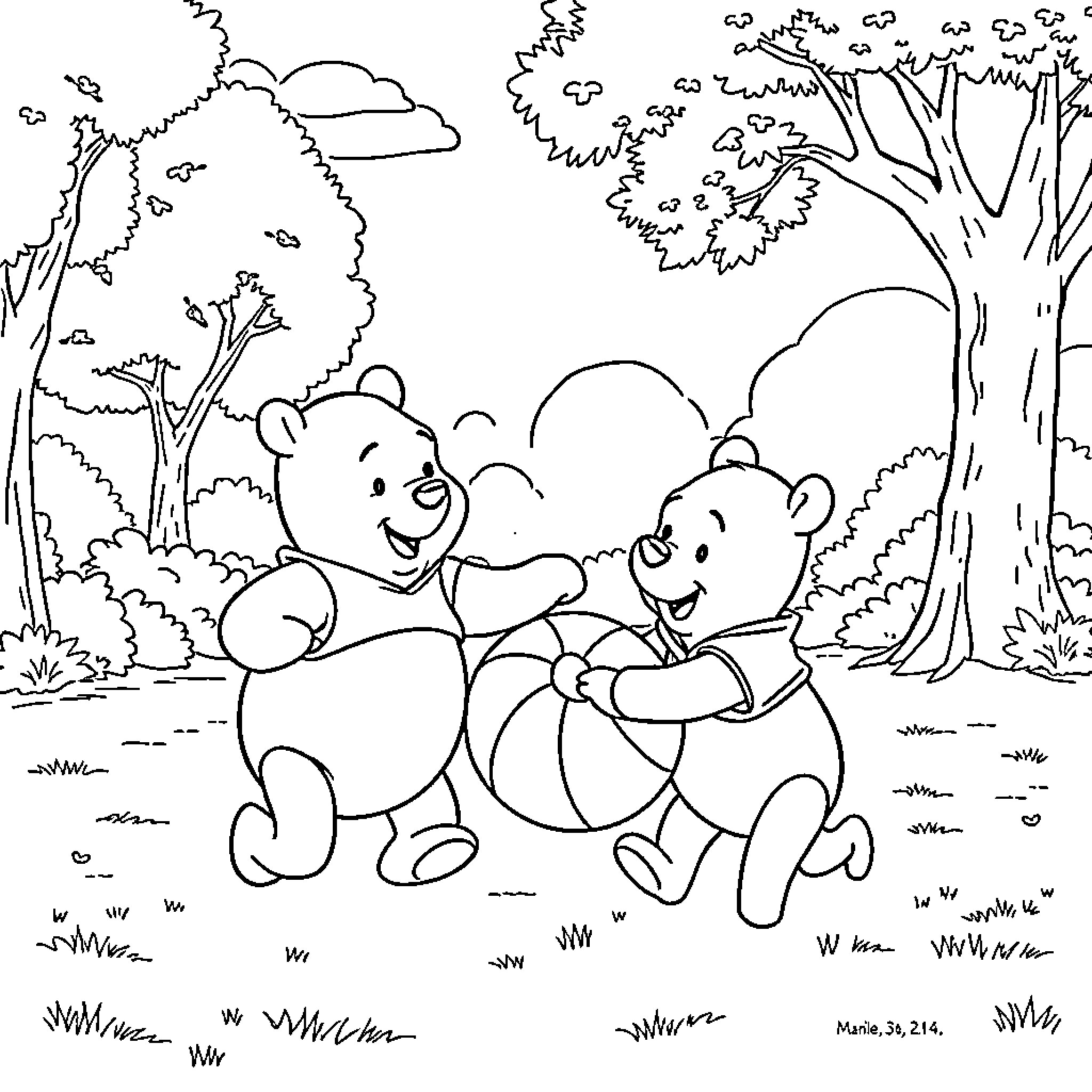 Bluey characters playing happily in the forest Coloring Page (free black-and-white line drawing printable PDF for all, from beginners to advanced learners, including children, teens, adults, and seniors)