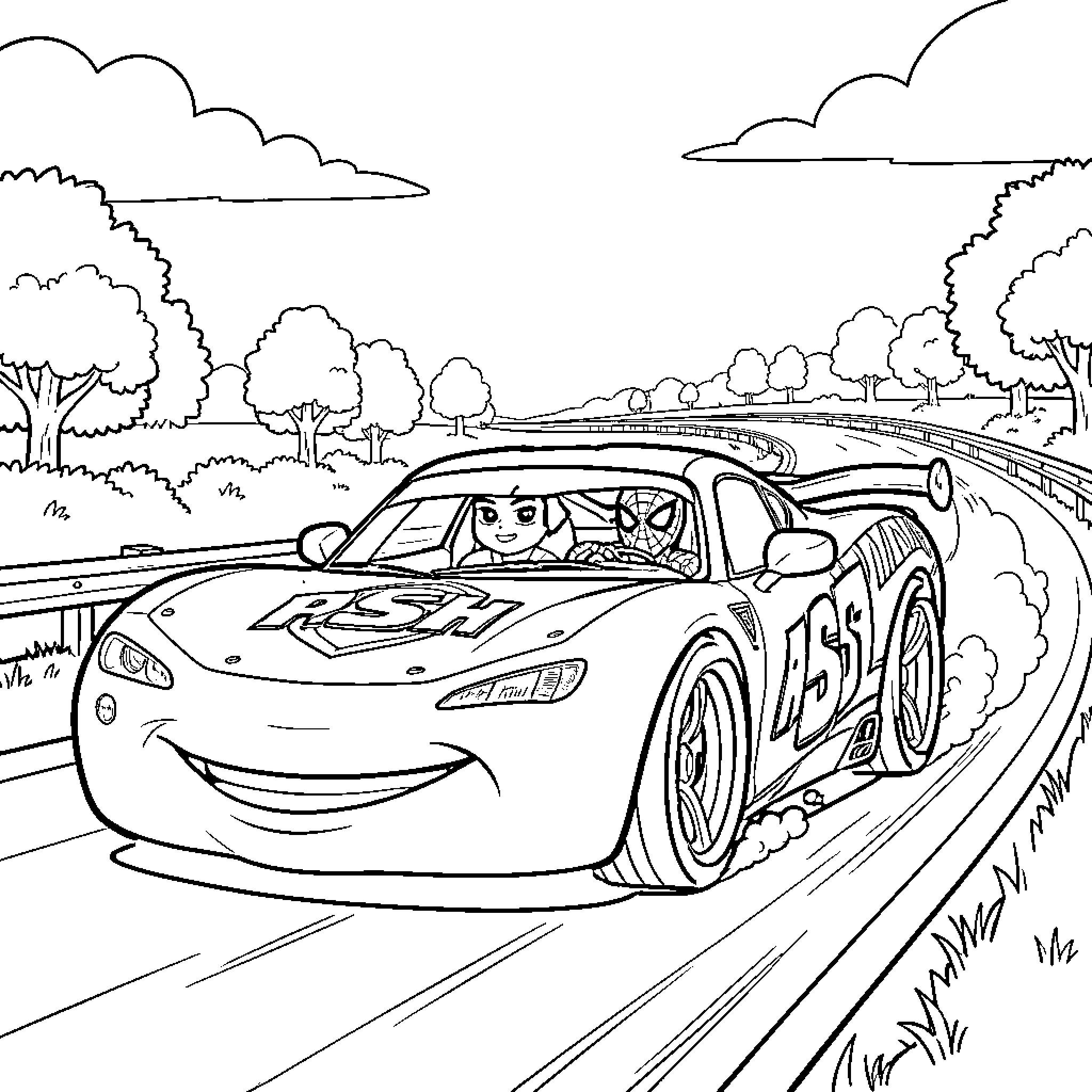 Flash McQueen racing fast on a winding track Coloring Page (free black-and-white line drawing printable PDF for all, from beginners to advanced learners, including children, teens, adults, and seniors)