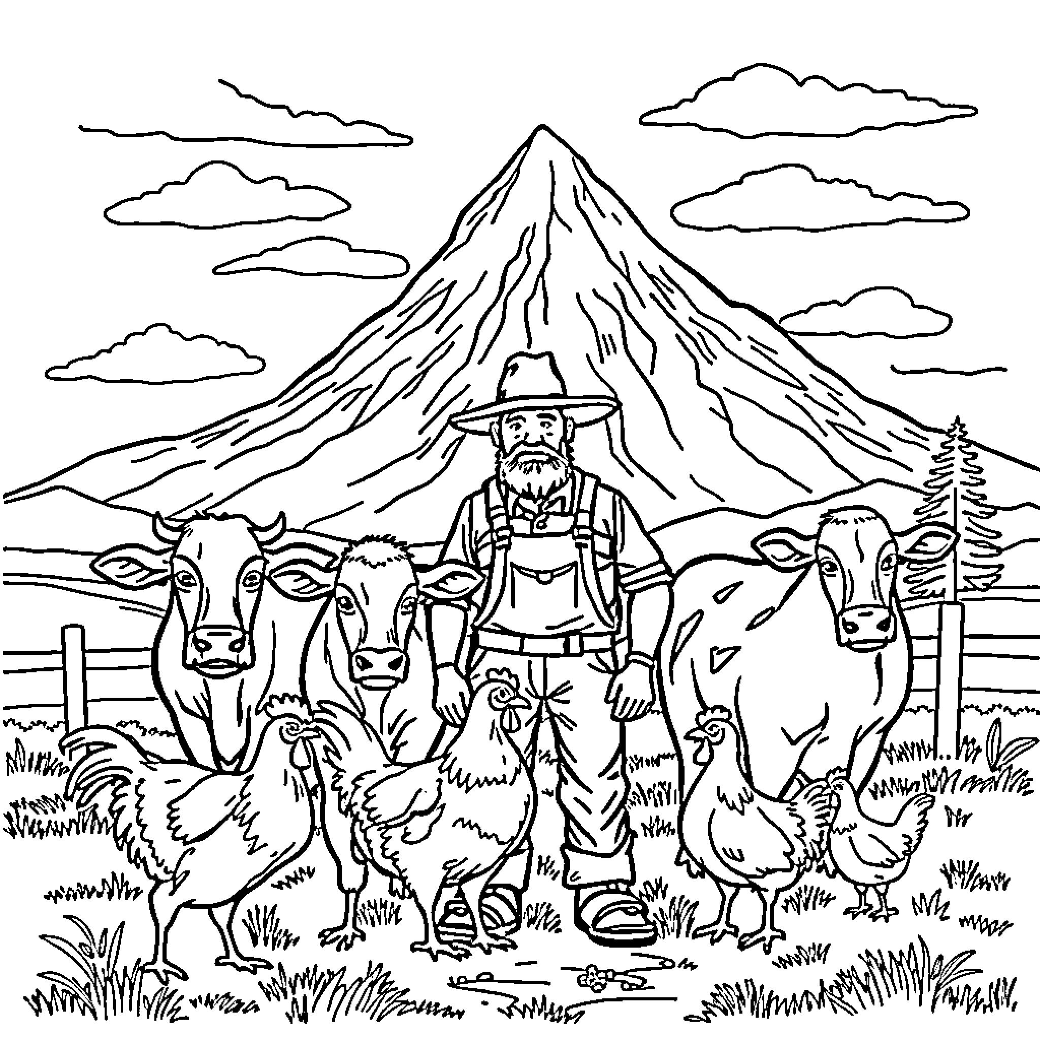 Farm Animal Farmer with Cattle in Mountain Landscape Coloring Page (free black-and-white line drawing printable PDF for all, from beginners to advanced learners, including children, teens, adults, and seniors)