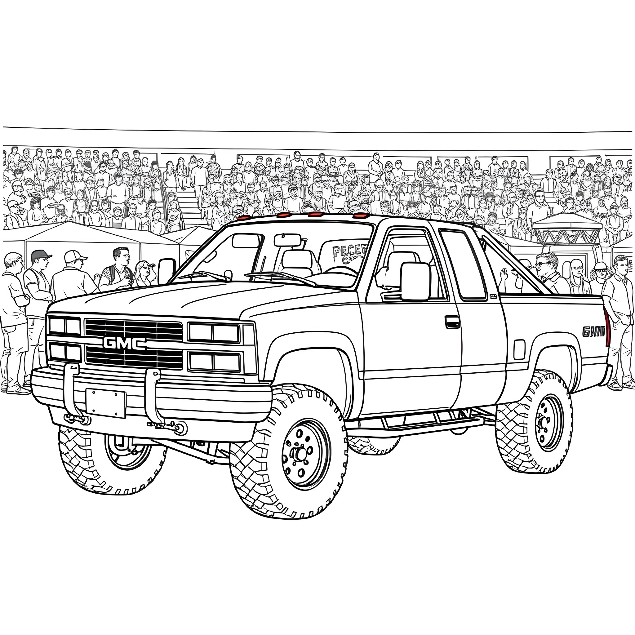 Truck Parked Among Crowd at Outdoor Event Coloring Page (free black-and-white line drawing printable PDF for all, from beginners to advanced learners, including children, teens, adults, and seniors)