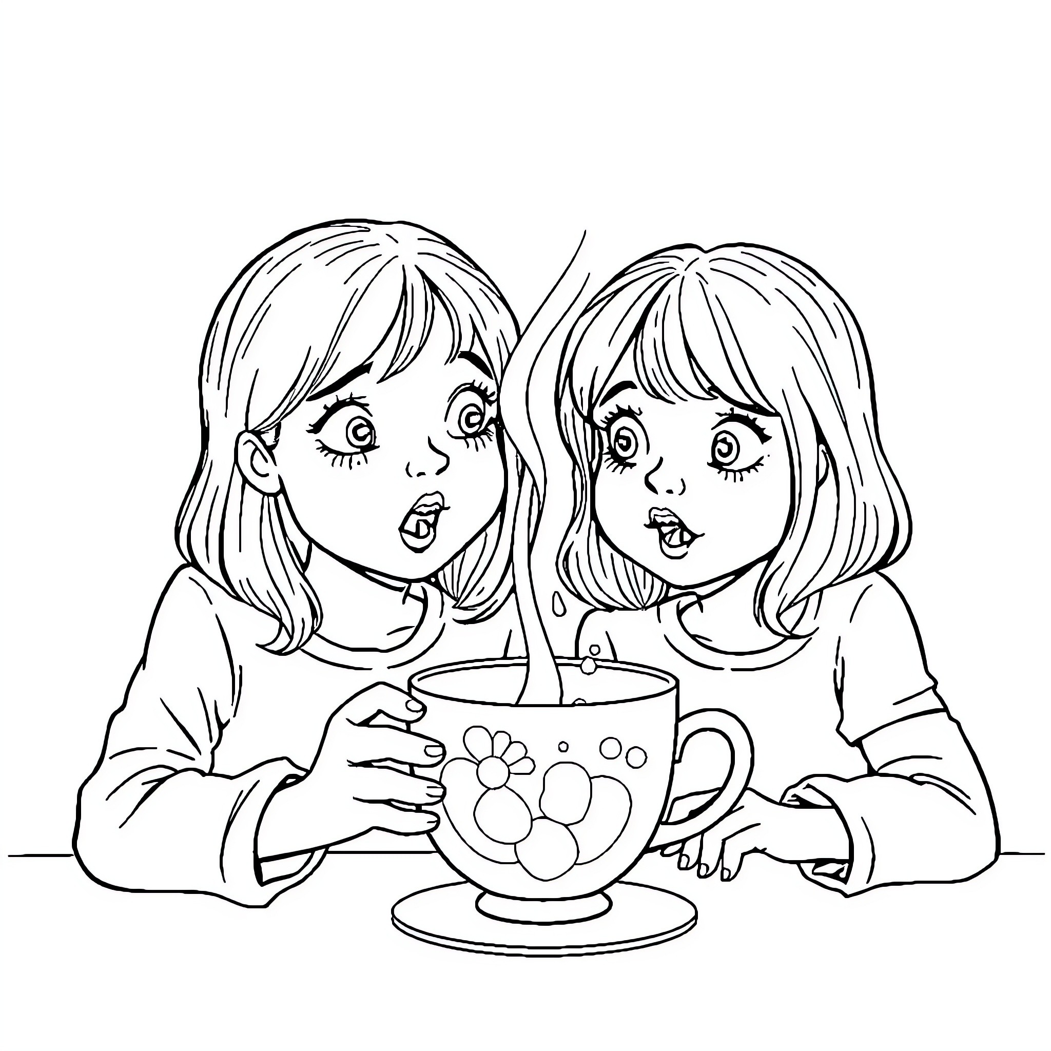 Girls enjoying a warm beverage together Coloring Page (free black-and-white line drawing printable PDF for all, from beginners to advanced learners, including children, teens, adults, and seniors)