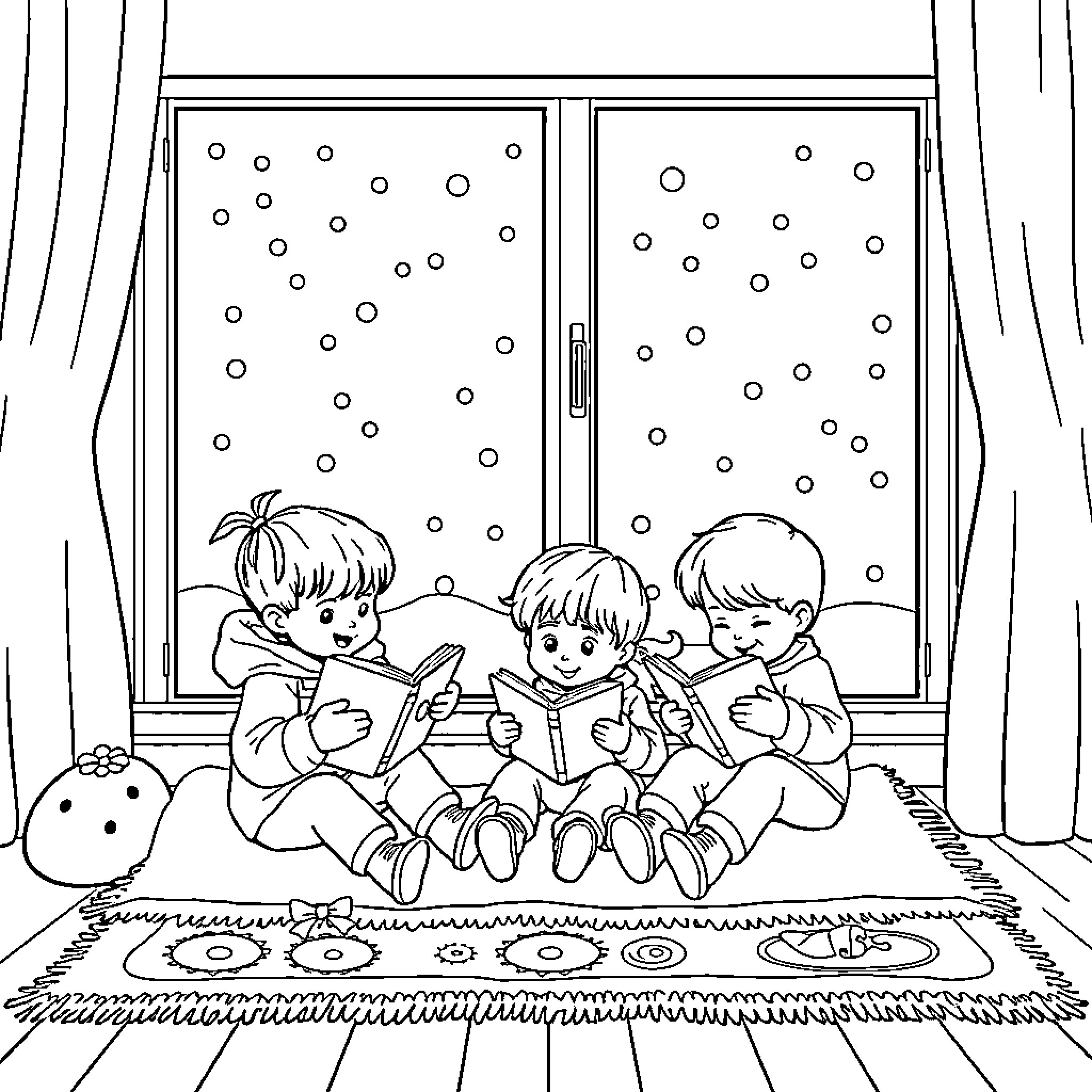 Kids reading books by snowy window Coloring Page (free black-and-white line drawing printable PDF for all, from beginners to advanced learners, including children, teens, adults, and seniors)