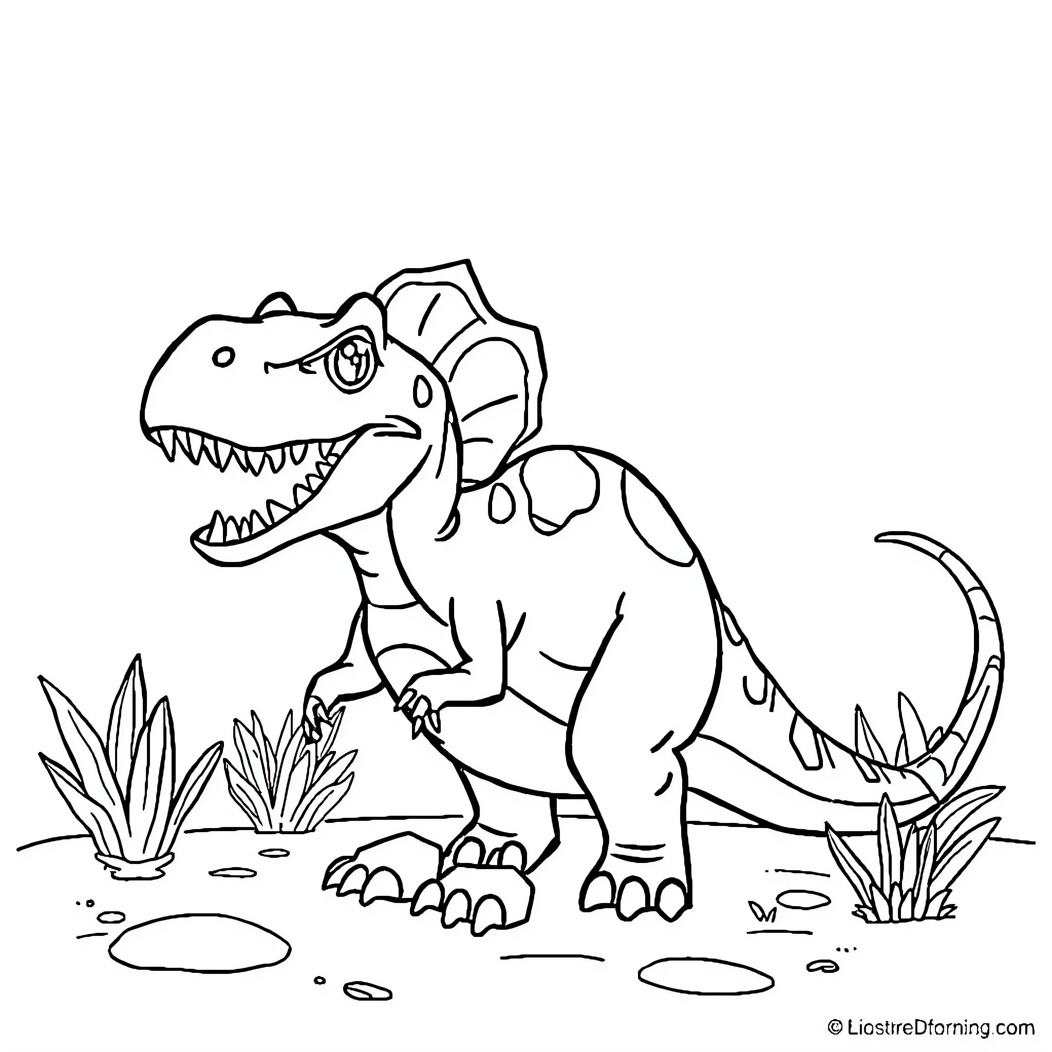 Dinosaur roaring in the prehistoric landscape Coloring Page (free black-and-white line drawing printable PDF for all, from beginners to advanced learners, including children, teens, adults, and seniors)