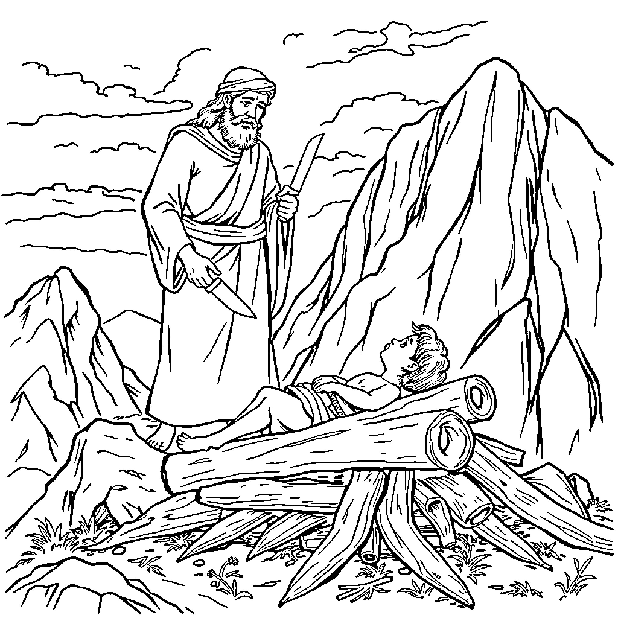 Abraham assisting a person in a mountainous landscape Coloring Page (free black-and-white line drawing printable PDF for all, from beginners to advanced learners, including children, teens, adults, and seniors)