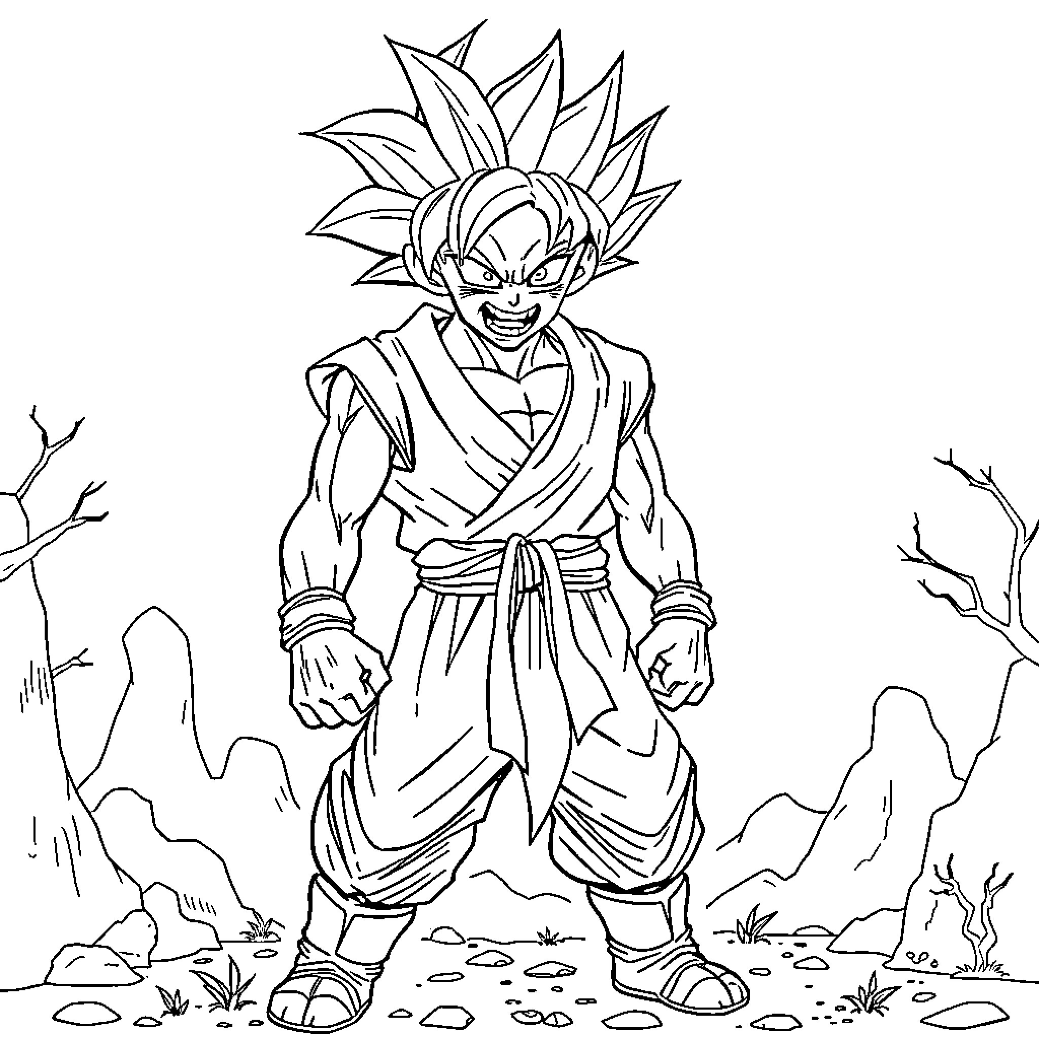 Zombie Goku standing in a desolate landscape Coloring Page (free black-and-white line drawing printable PDF for all, from beginners to advanced learners, including children, teens, adults, and seniors)