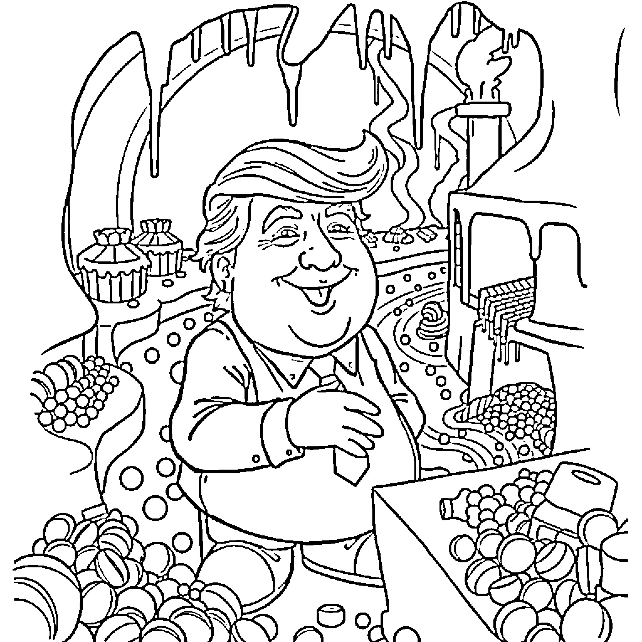 Donald Trump in an Artistic and Whimsical Illustration Coloring Page (free black-and-white line drawing printable PDF for all, from beginners to advanced learners, including children, teens, adults, and seniors)