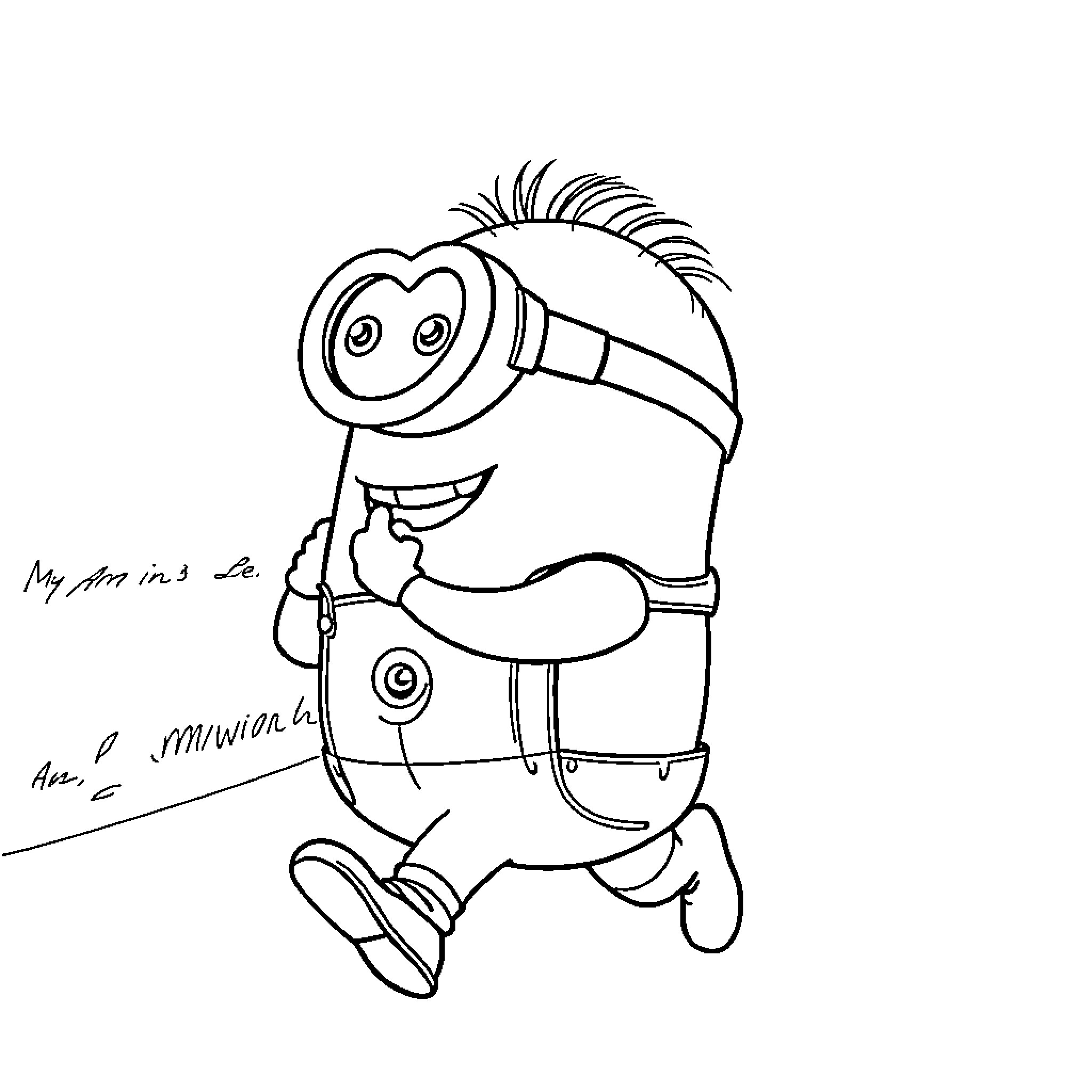 Minion running and waving excitedly Coloring Page (free black-and-white line drawing printable PDF for all, from beginners to advanced learners, including children, teens, adults, and seniors)