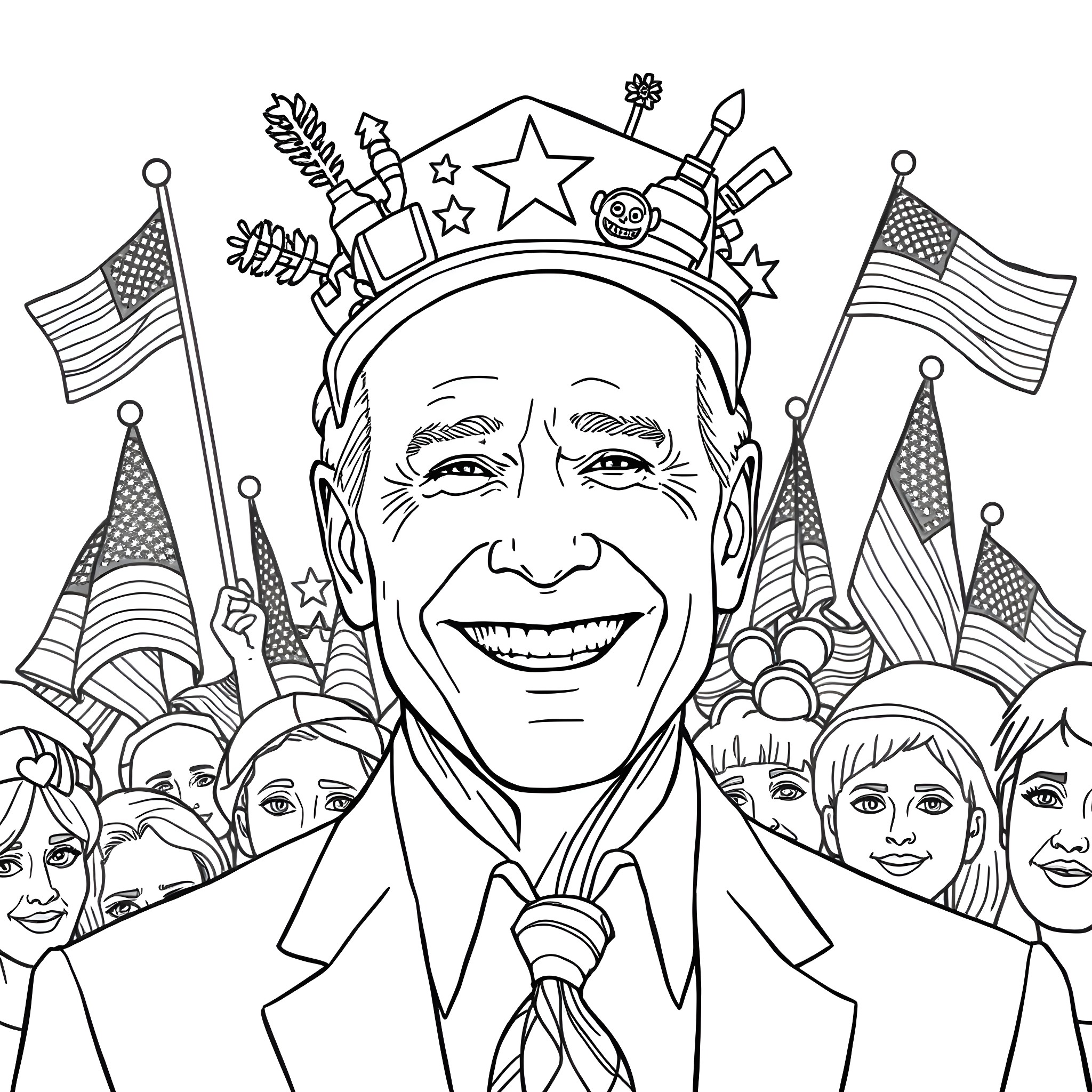 Joe Biden Surrounded by Celebratory Symbols and Crowd Coloring Page (free black-and-white line drawing printable PDF for all, from beginners to advanced learners, including children, teens, adults, and seniors)