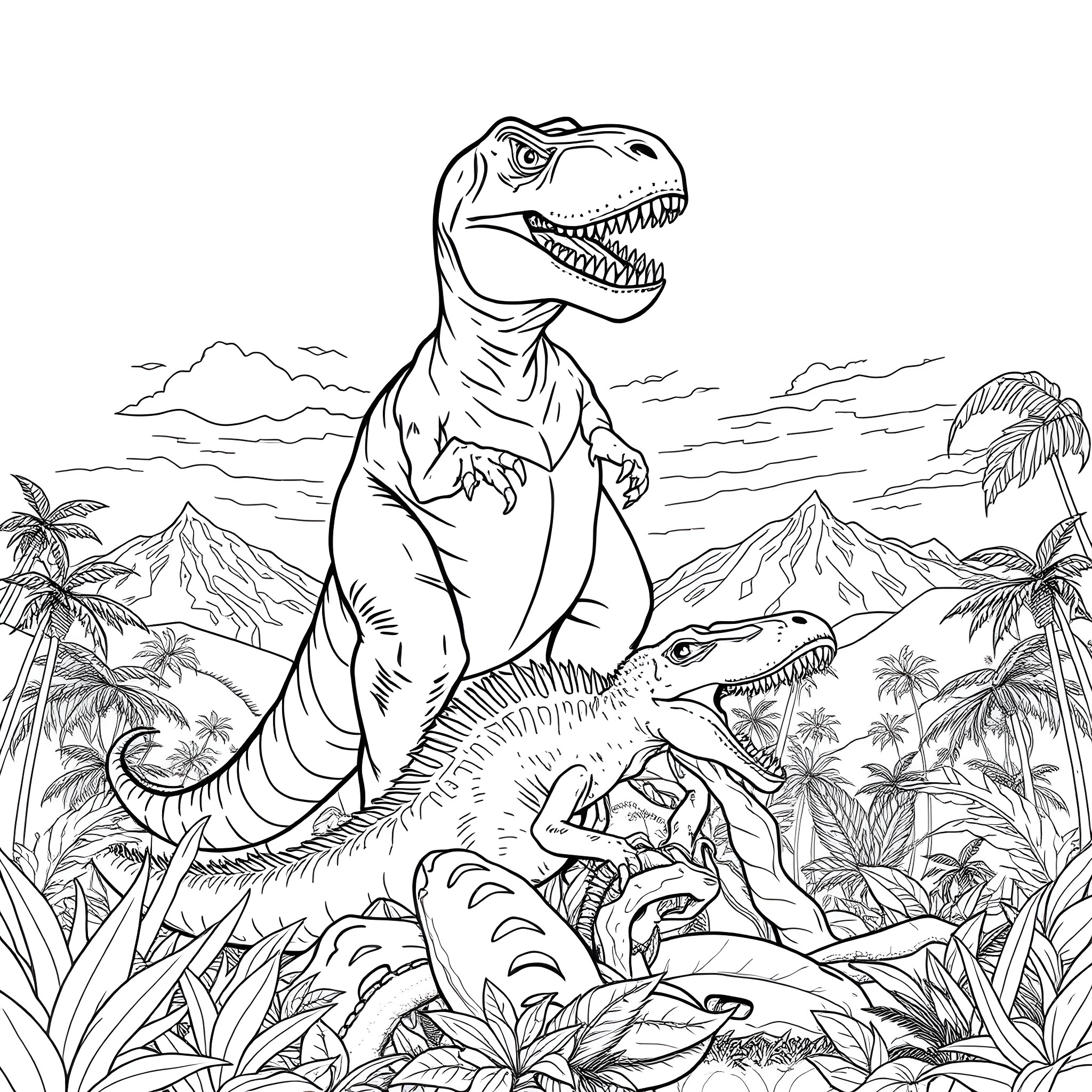 T-Rex and Dinosaurs in Prehistoric Landscape Coloring Page (free black-and-white line drawing printable PDF for all, from beginners to advanced learners, including children, teens, adults, and seniors)