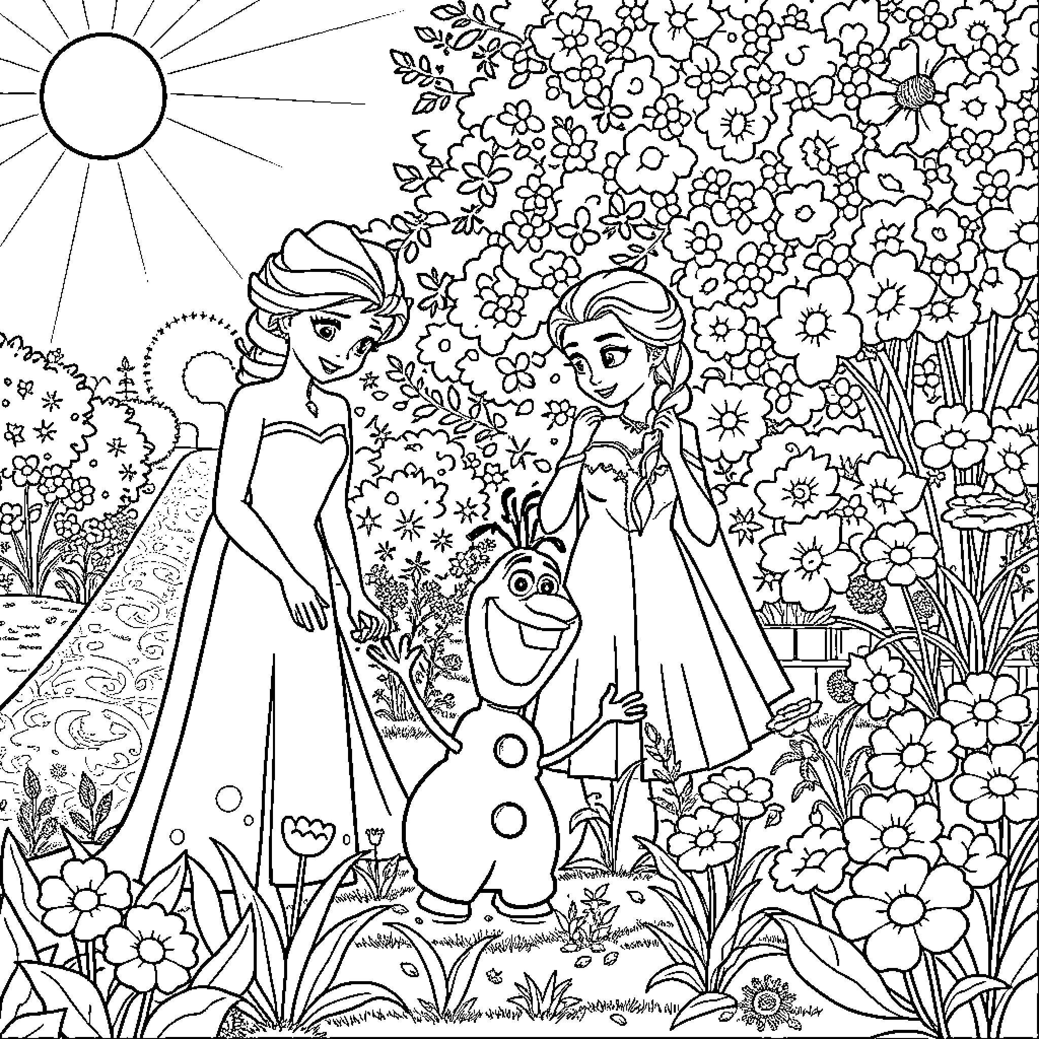 Elsa and Anna enjoy a sunny day in the garden with Olaf Coloring Page (free black-and-white line drawing printable PDF for all, from beginners to advanced learners, including children, teens, adults, and seniors)