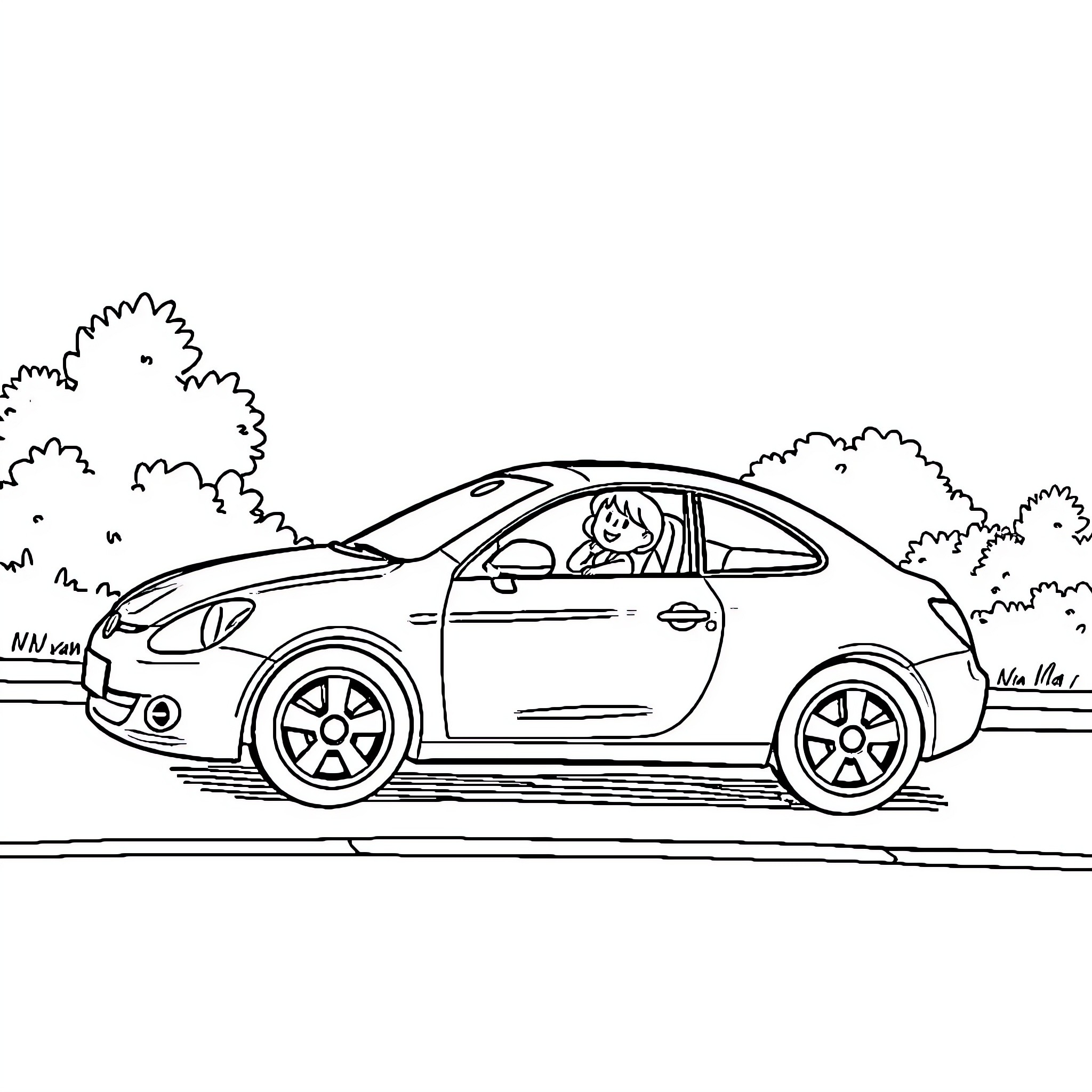 Car driving through nature with person inside Coloring Page (free black-and-white line drawing printable PDF for all, from beginners to advanced learners, including children, teens, adults, and seniors)