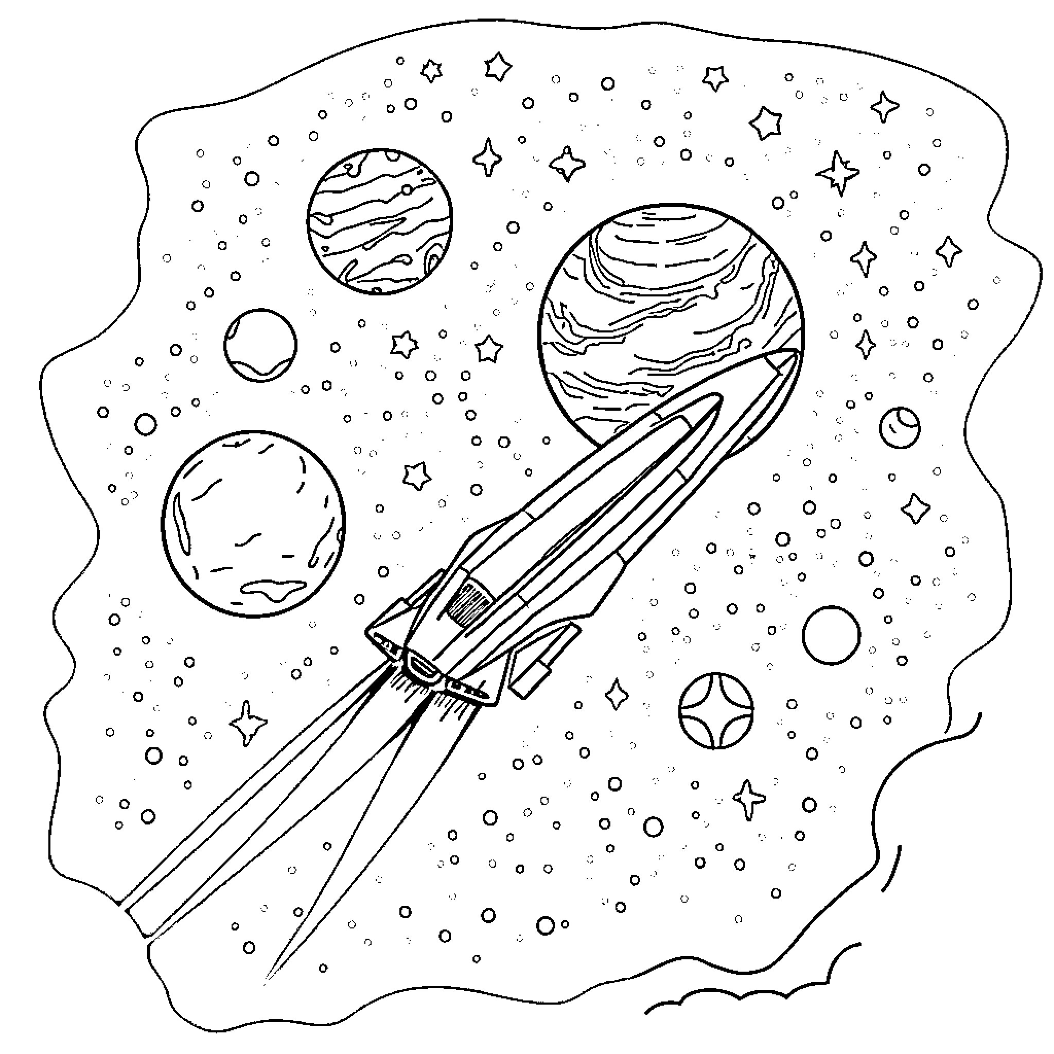 Galaxy Exploration Through Cosmic Spacecraft Coloring Page (free black-and-white line drawing printable PDF for all, from beginners to advanced learners, including children, teens, adults, and seniors)