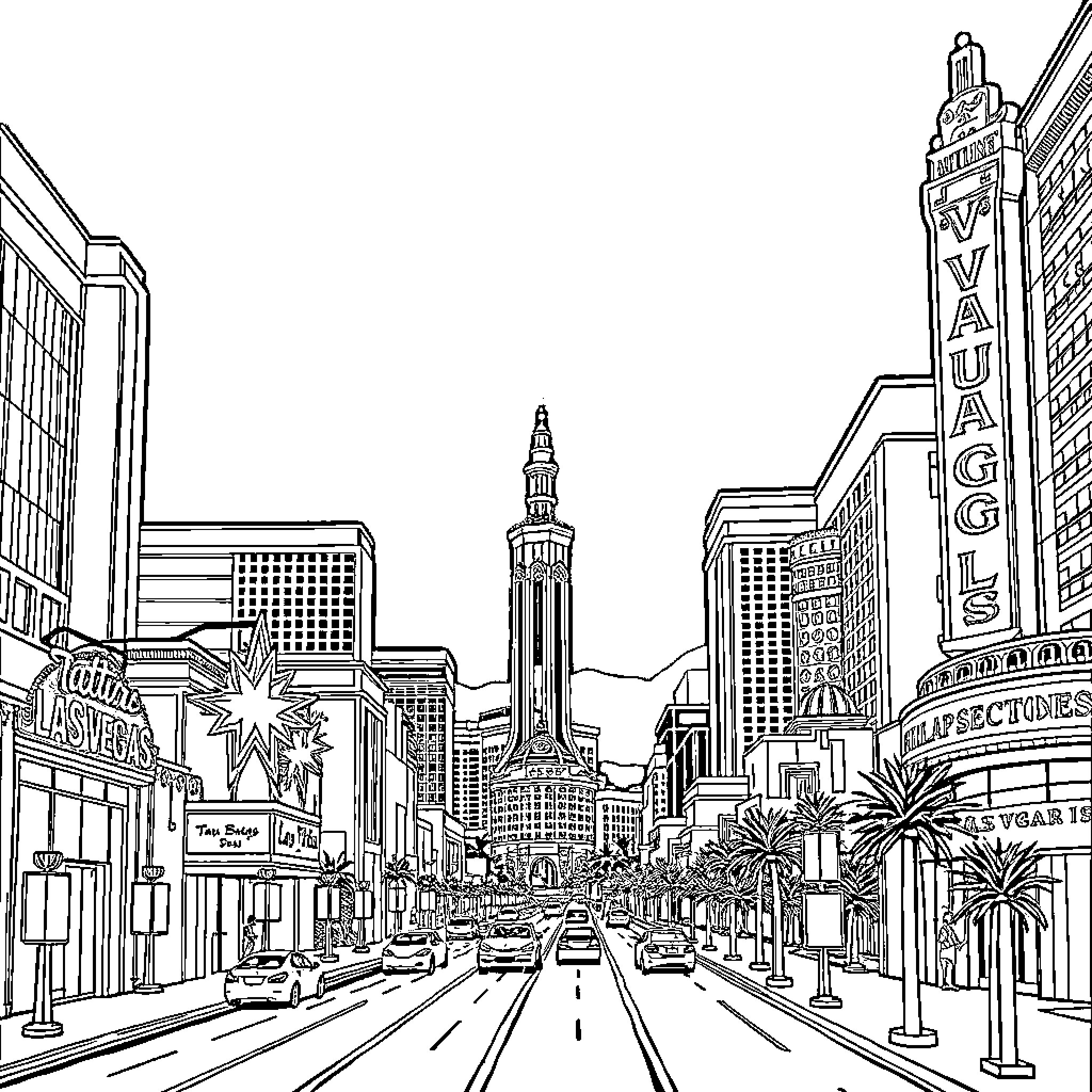 Las Vegas cityscape with iconic buildings and busy street Coloring Page (free black-and-white line drawing printable PDF for all, from beginners to advanced learners, including children, teens, adults, and seniors)