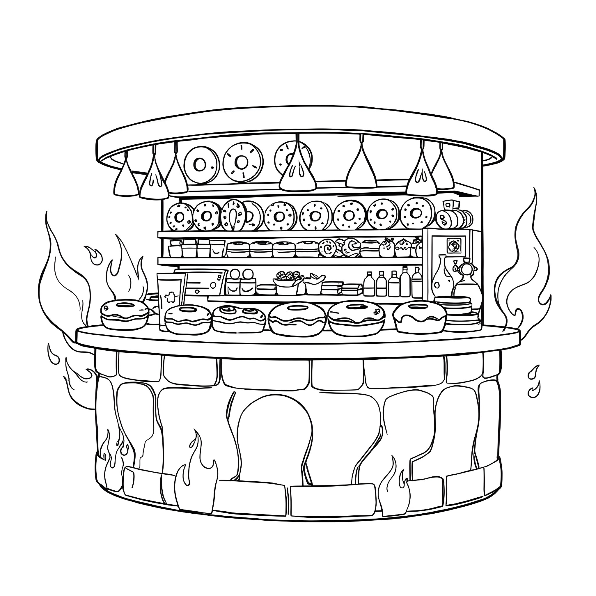 Donut Booth with Sweets and Decorations Coloring Page (free black-and-white line drawing printable PDF for all, from beginners to advanced learners, including children, teens, adults, and seniors)