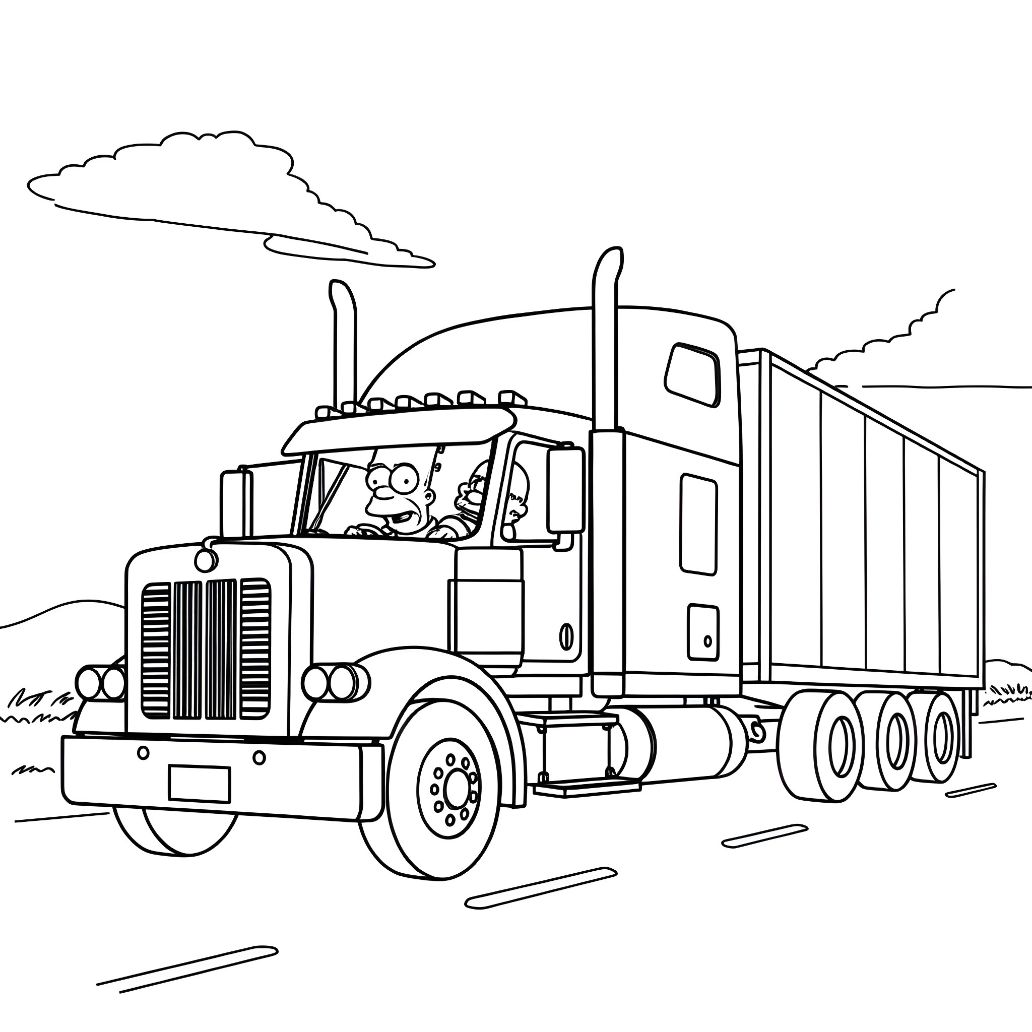 Homer Simpson driving a large truck on the highway Coloring Page (free black-and-white line drawing printable PDF for all, from beginners to advanced learners, including children, teens, adults, and seniors)