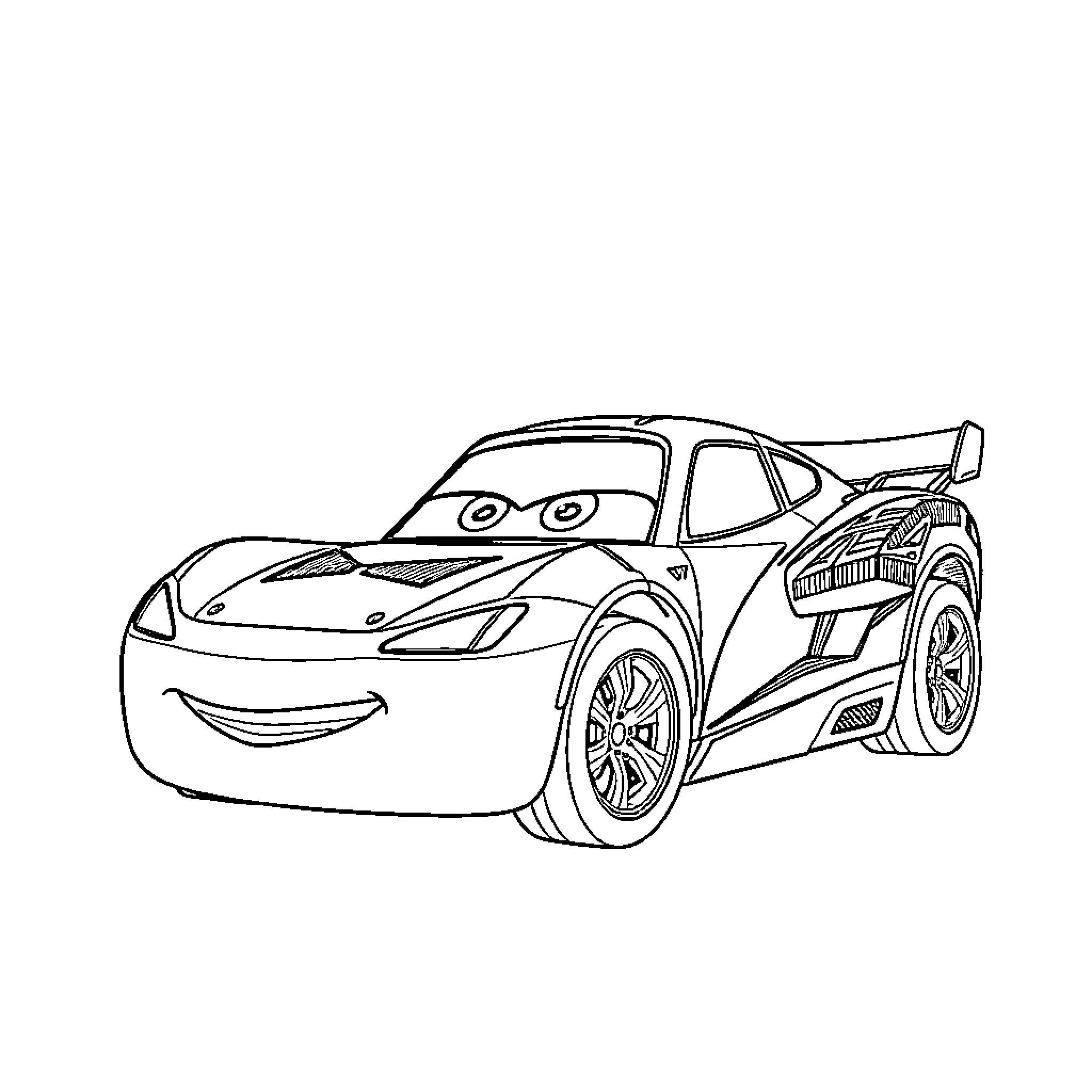 Tesla race car with cartoon-like design Coloring Page (free black-and-white line drawing printable PDF for all, from beginners to advanced learners, including children, teens, adults, and seniors)