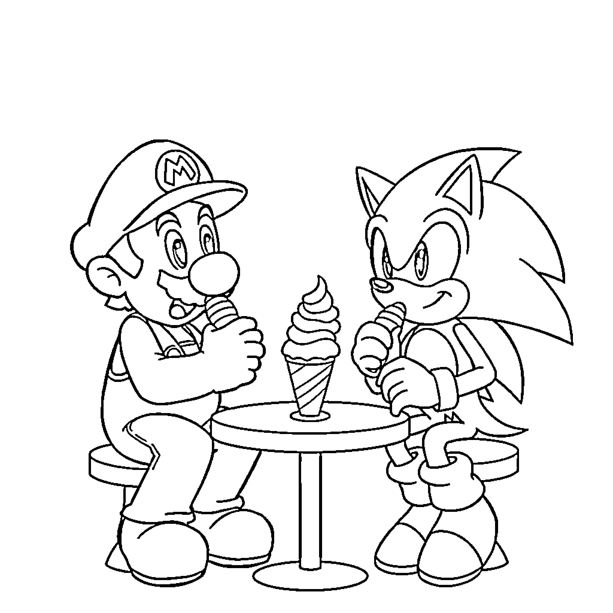 Mario and Sonic enjoying ice cream together Coloring Page (free black-and-white line drawing printable PDF for all, from beginners to advanced learners, including children, teens, adults, and seniors)