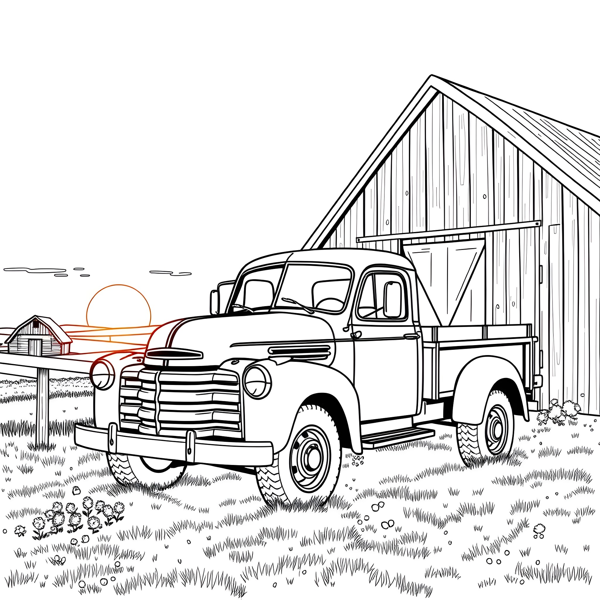 Truck parked in rustic countryside setting Coloring Page (free black-and-white line drawing printable PDF for all, from beginners to advanced learners, including children, teens, adults, and seniors)