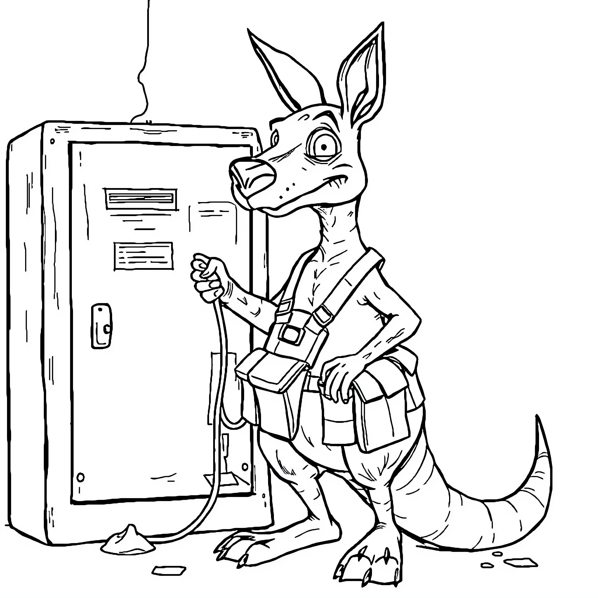 Kangaroo working as a repairman at a locker Coloring Page (free black-and-white line drawing printable PDF for all, from beginners to advanced learners, including children, teens, adults, and seniors)