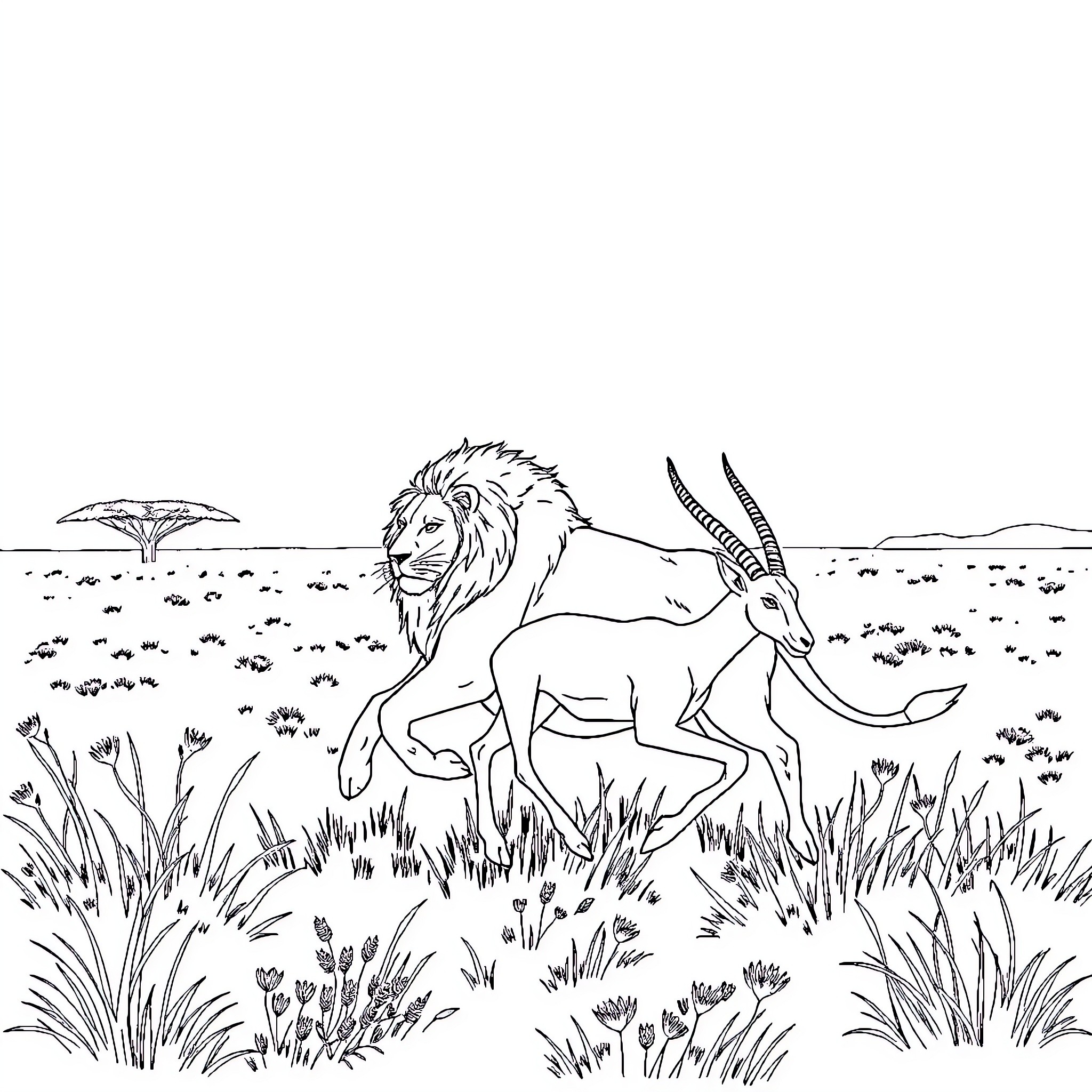 Lion roaming the African savanna with gazelle Coloring Page (free black-and-white line drawing printable PDF for all, from beginners to advanced learners, including children, teens, adults, and seniors)