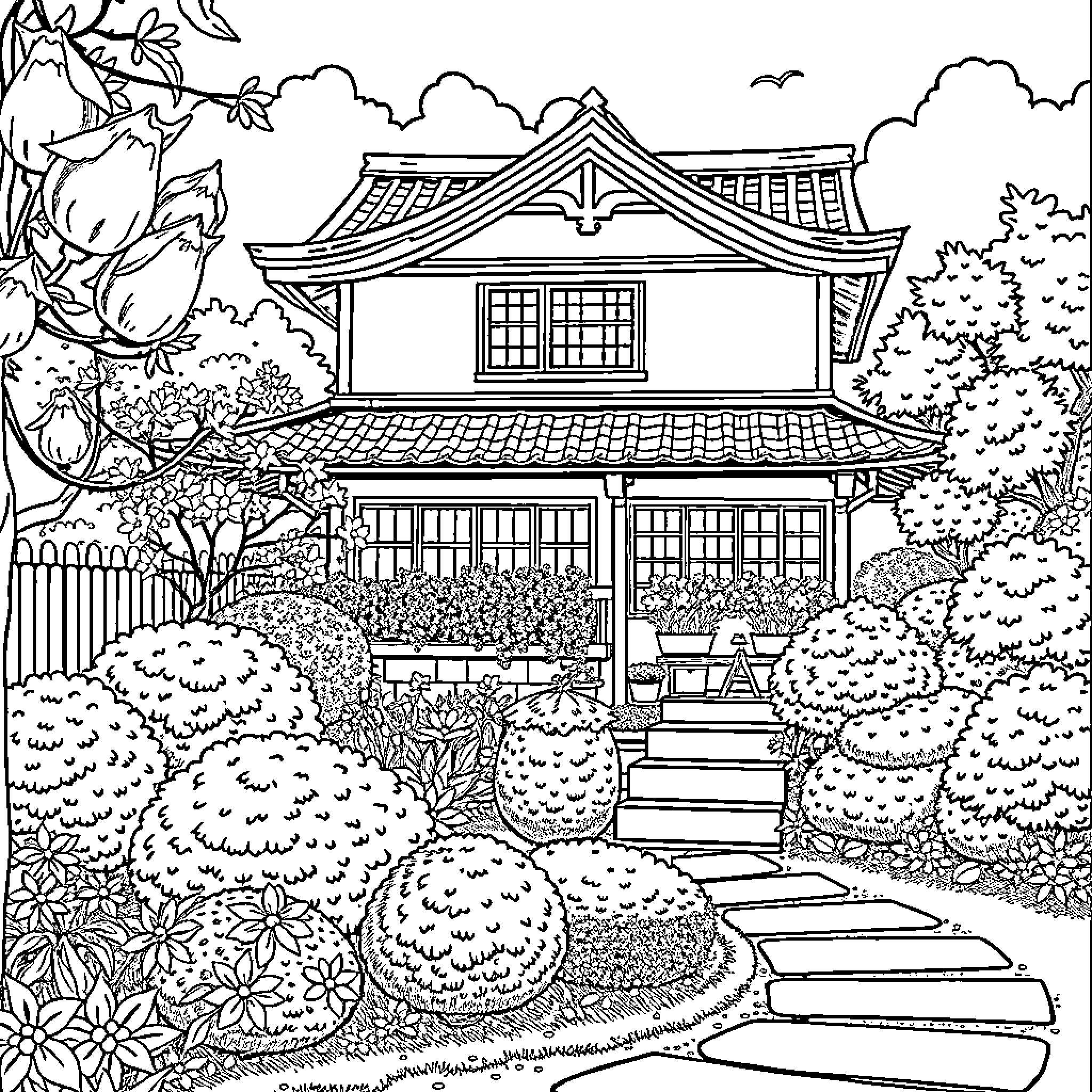 Townhouse in a serene Japanese garden setting Coloring Page (free black-and-white line drawing printable PDF for all, from beginners to advanced learners, including children, teens, adults, and seniors)