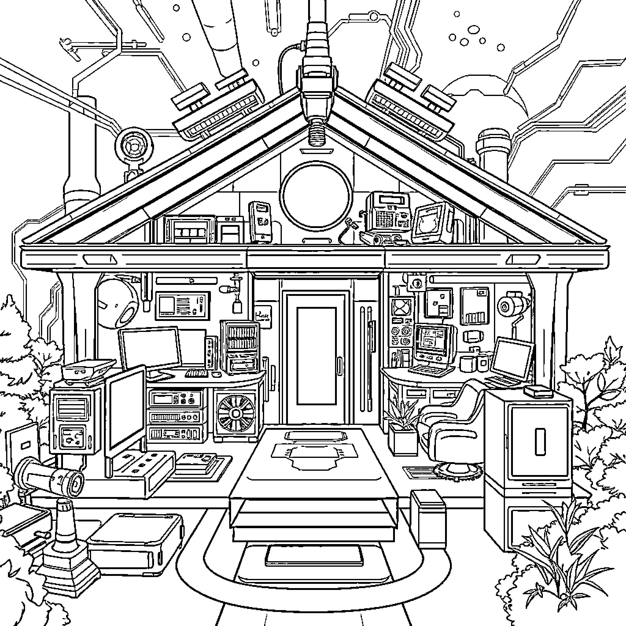 House filled with futuristic technology and gadgets Coloring Page (free black-and-white line drawing printable PDF for all, from beginners to advanced learners, including children, teens, adults, and seniors)