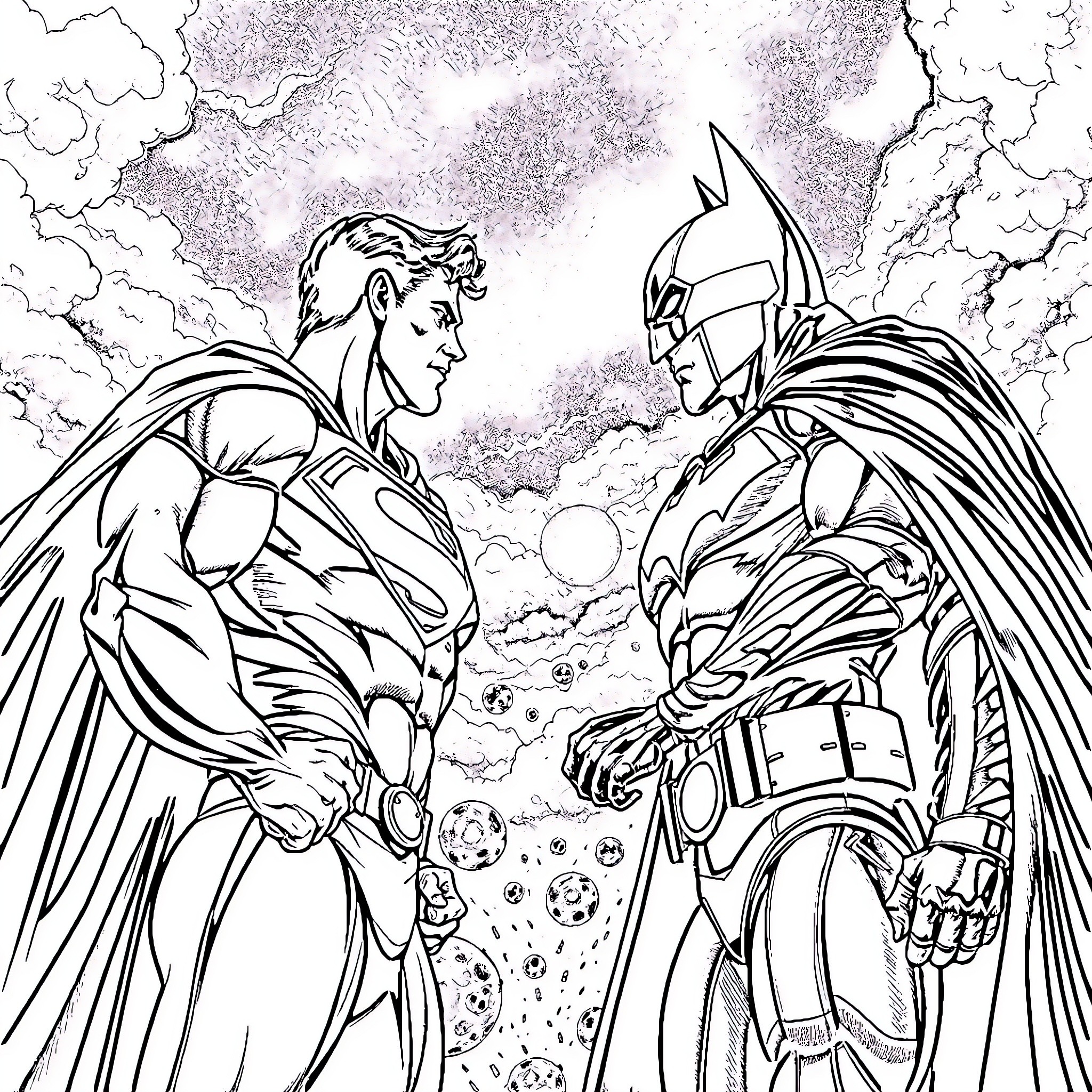 Superman and Batman facing off in dramatic confrontation Coloring Page (free black-and-white line drawing printable PDF for all, from beginners to advanced learners, including children, teens, adults, and seniors)