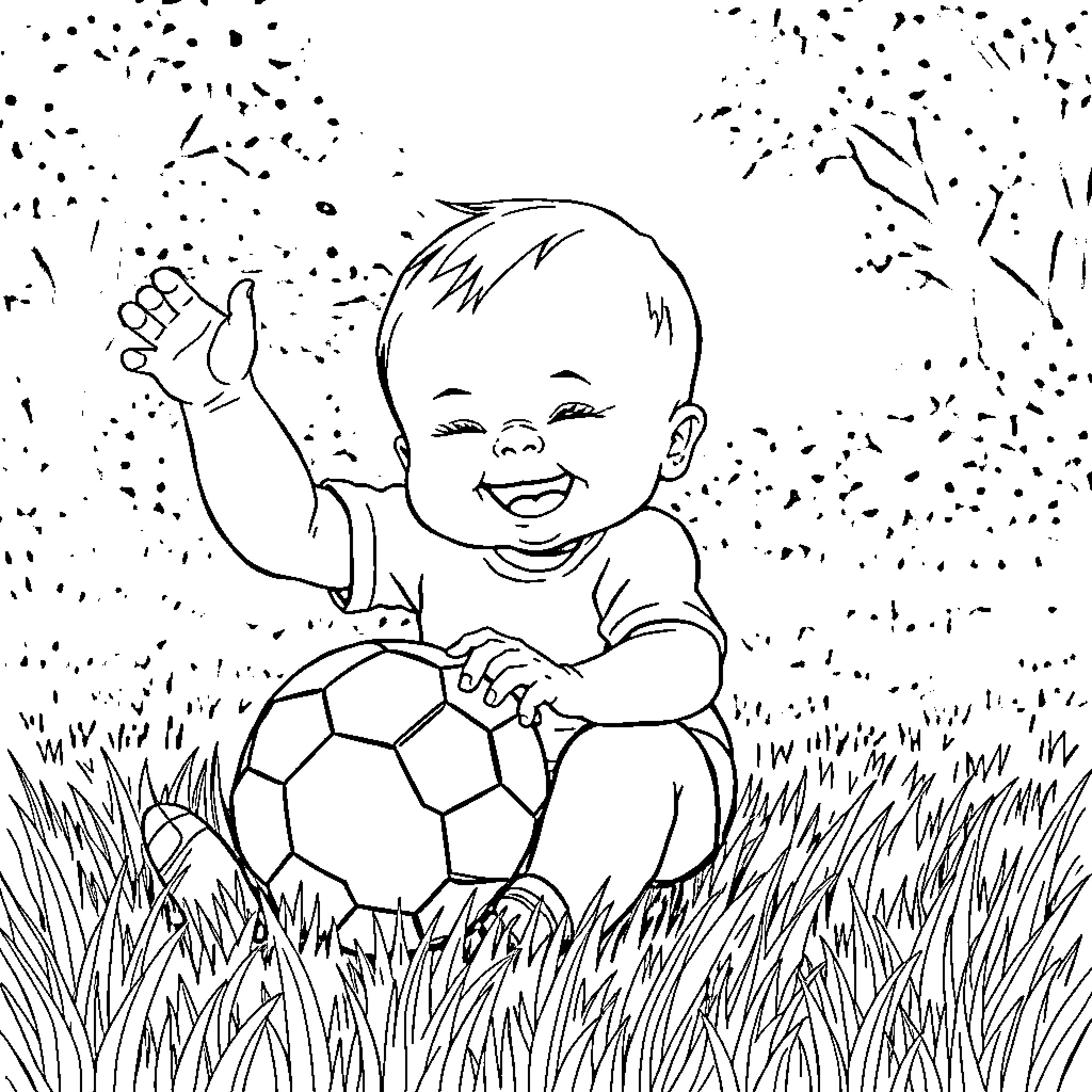 Baby playing joyfully with soccer ball in the grass Coloring Page (free black-and-white line drawing printable PDF for all, from beginners to advanced learners, including children, teens, adults, and seniors)