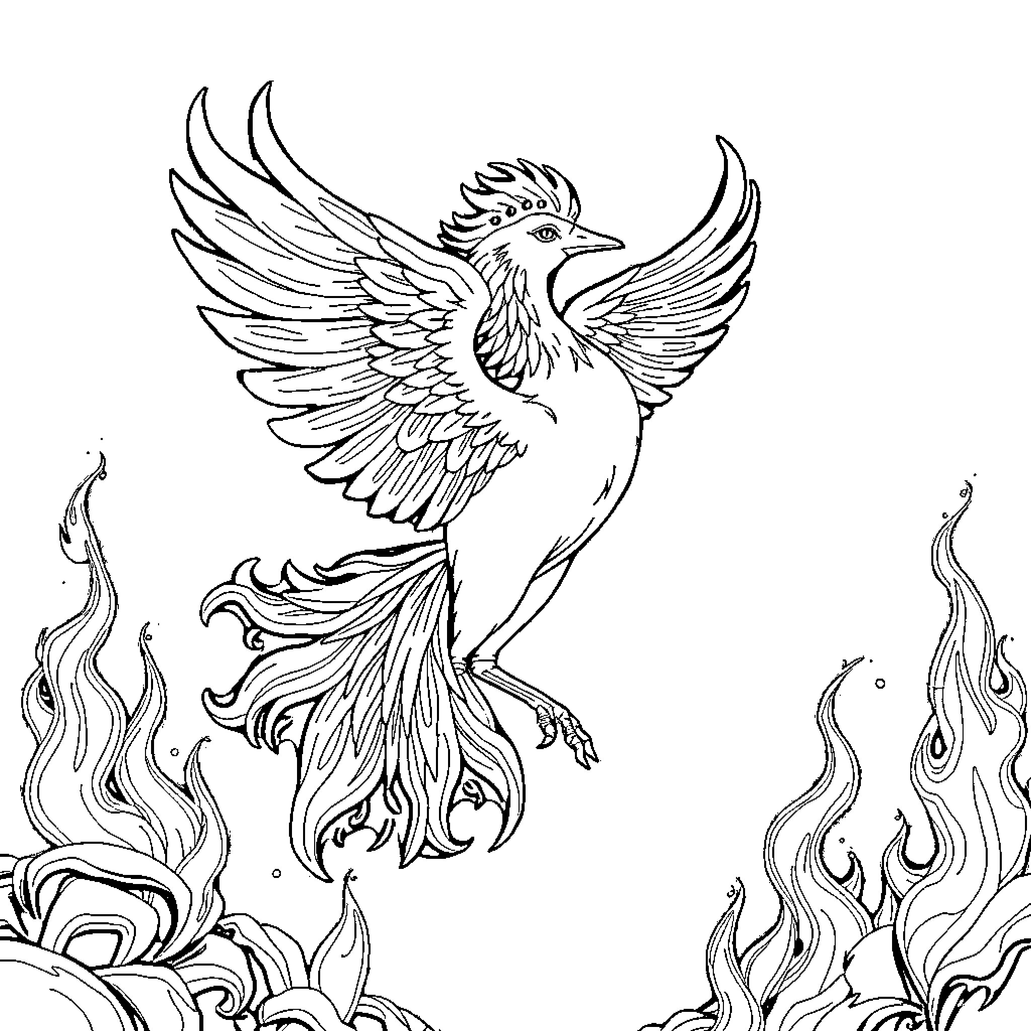 Phoenix rising from the flames in flight Coloring Page (free black-and-white line drawing printable PDF for all, from beginners to advanced learners, including children, teens, adults, and seniors)
