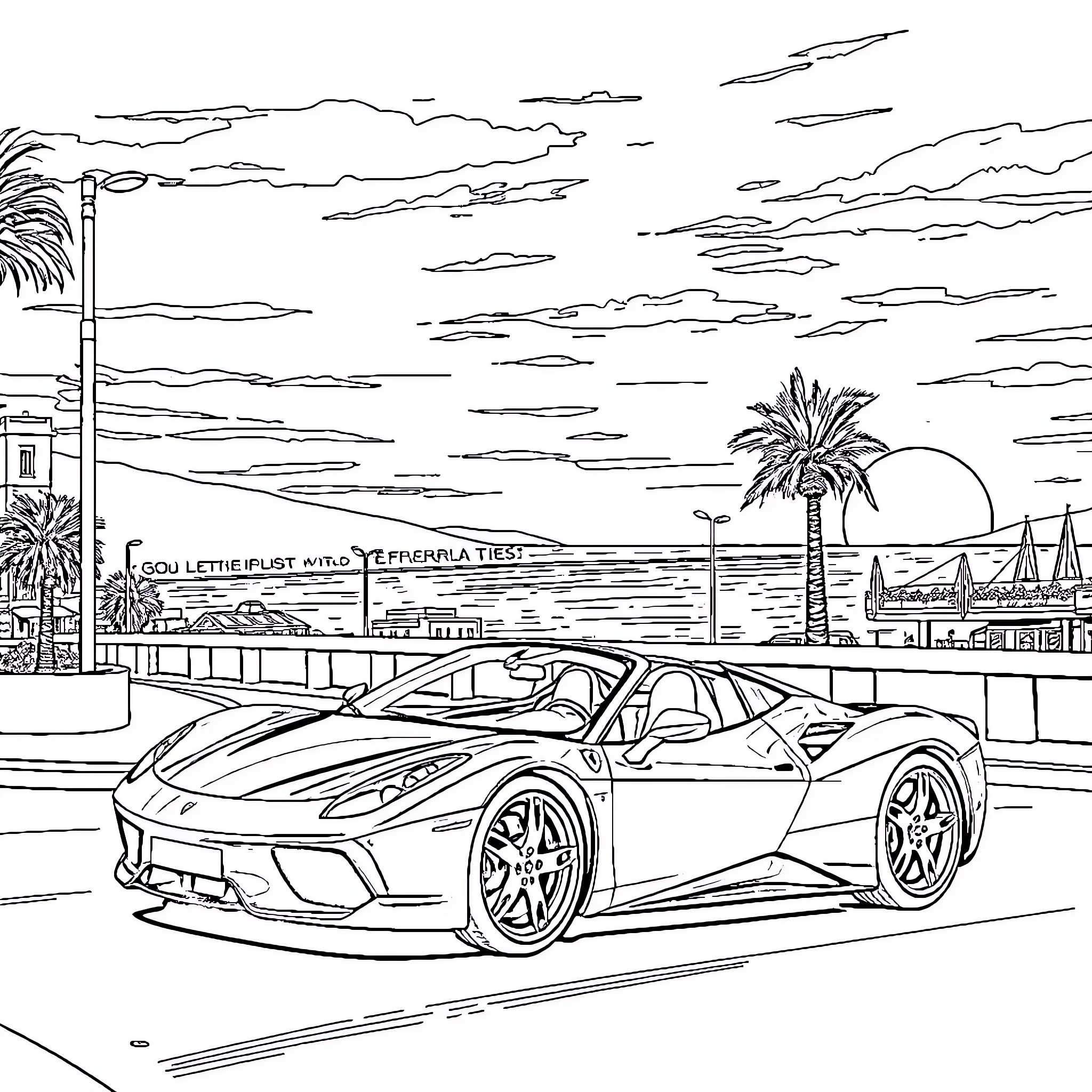 Ferrari sports car on scenic coastal road Coloring Page (free black-and-white line drawing printable PDF for all, from beginners to advanced learners, including children, teens, adults, and seniors)