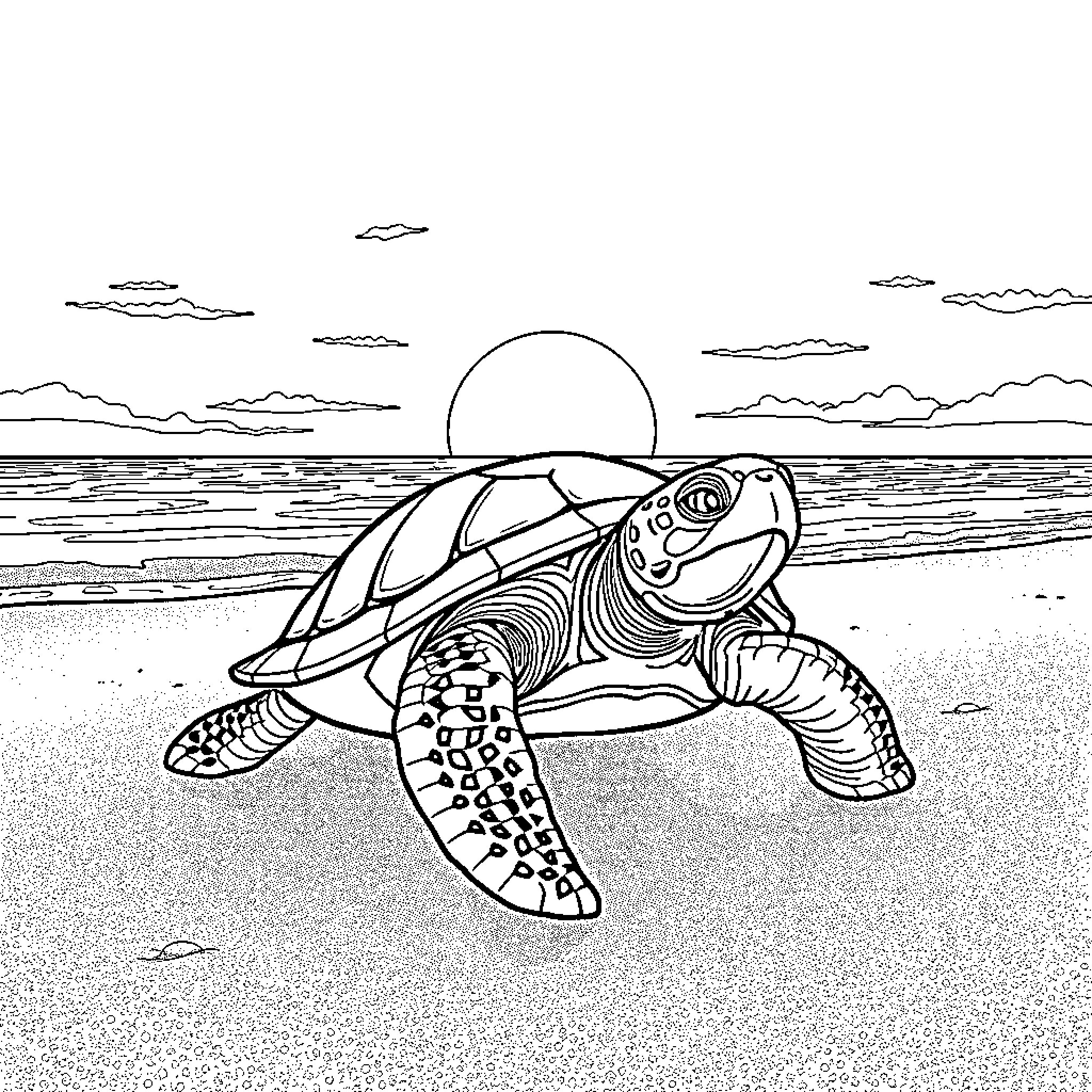 Turtle swimming peacefully at sunset Coloring Page (free black-and-white line drawing printable PDF for all, from beginners to advanced learners, including children, teens, adults, and seniors)