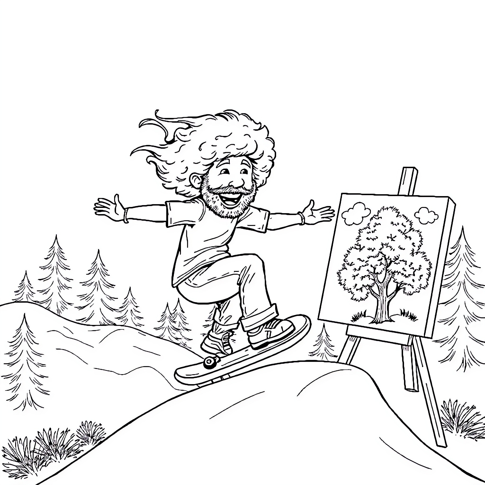 Bob Ross painting a landscape with snowboarding Coloring Page (free black-and-white line drawing printable PDF for all, from beginners to advanced learners, including children, teens, adults, and seniors)