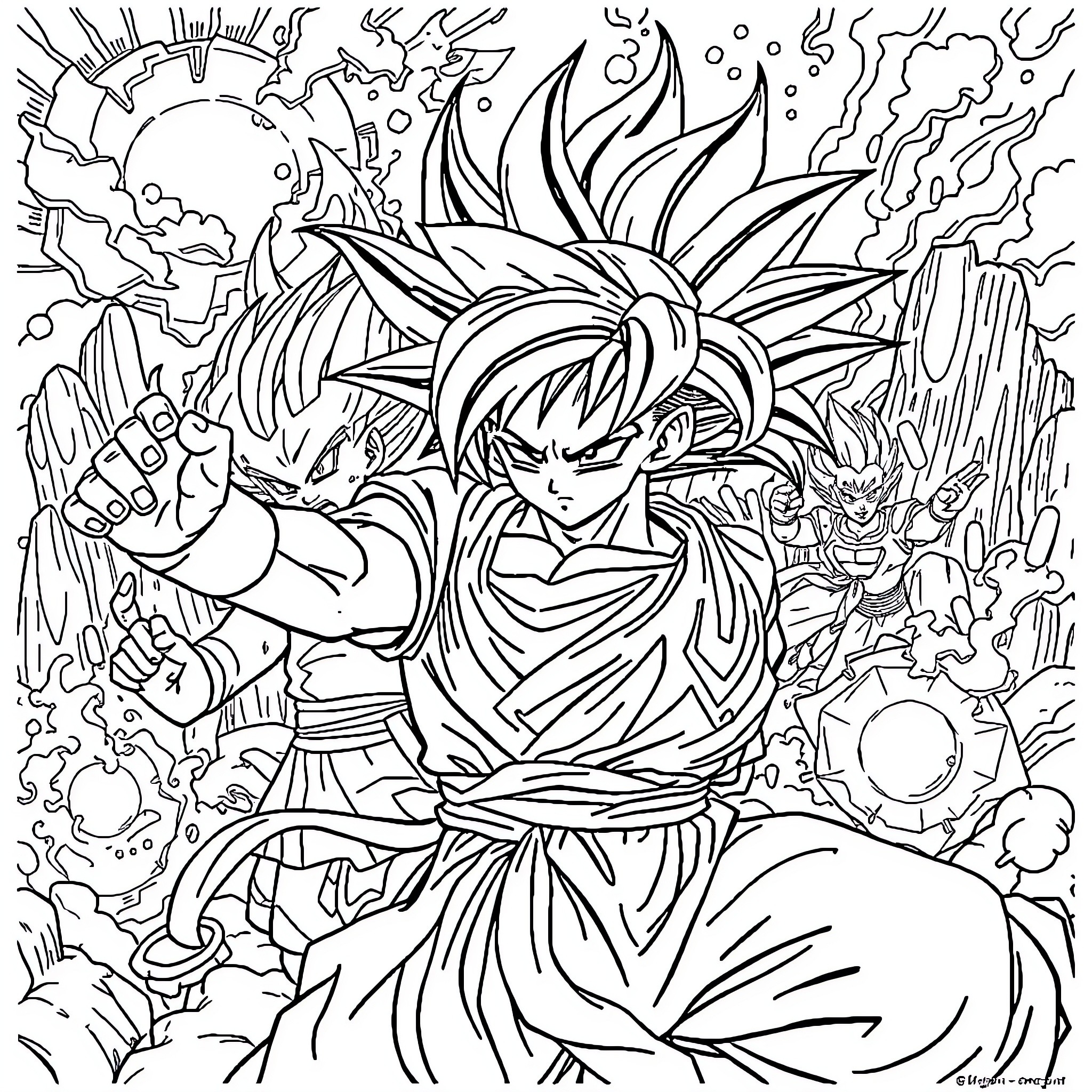 Dragon Ball Character in Intense Battle Stance Coloring Page (free black-and-white line drawing printable PDF for all, from beginners to advanced learners, including children, teens, adults, and seniors)