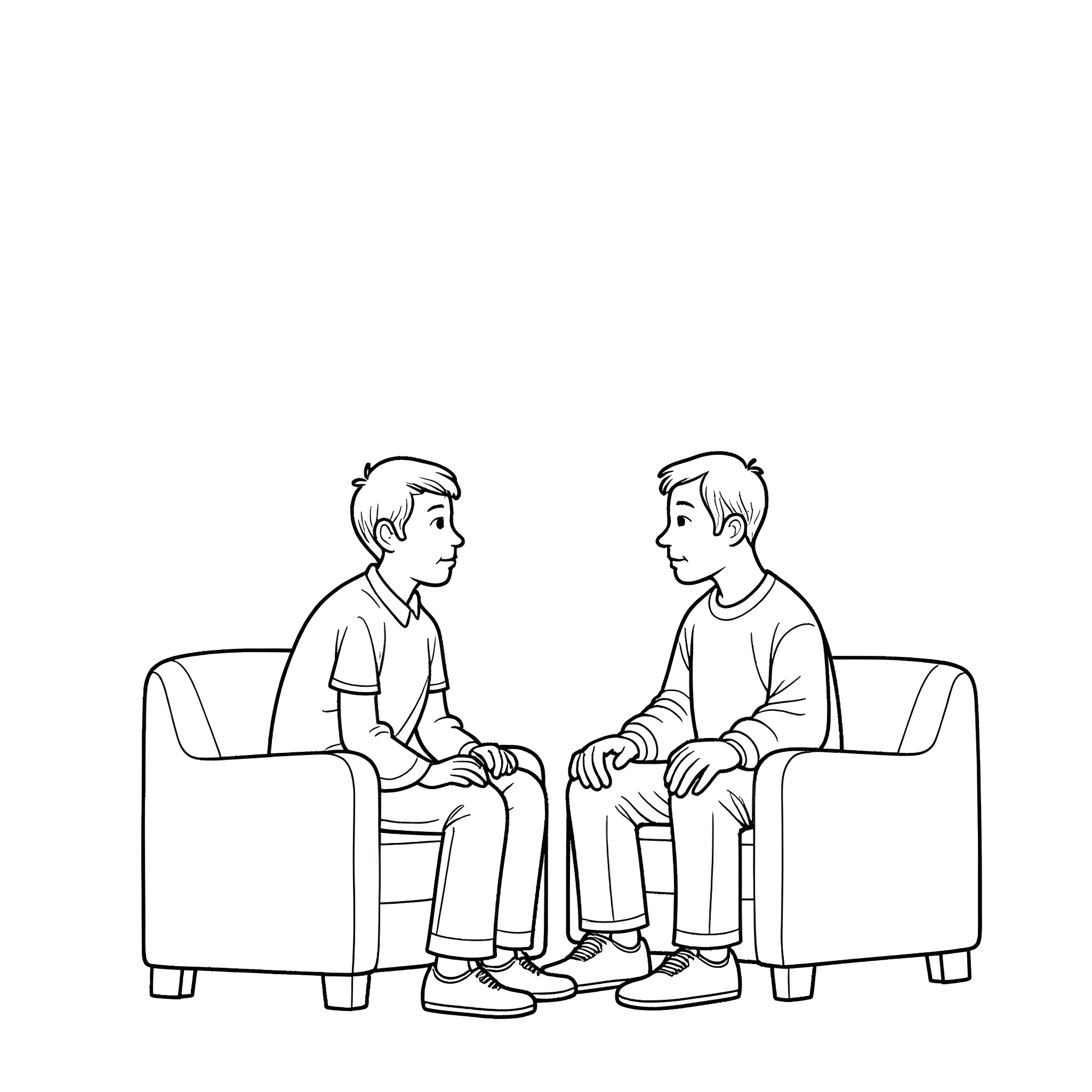 Dad and son having a conversation Coloring Page (free black-and-white line drawing printable PDF for all, from beginners to advanced learners, including children, teens, adults, and seniors)