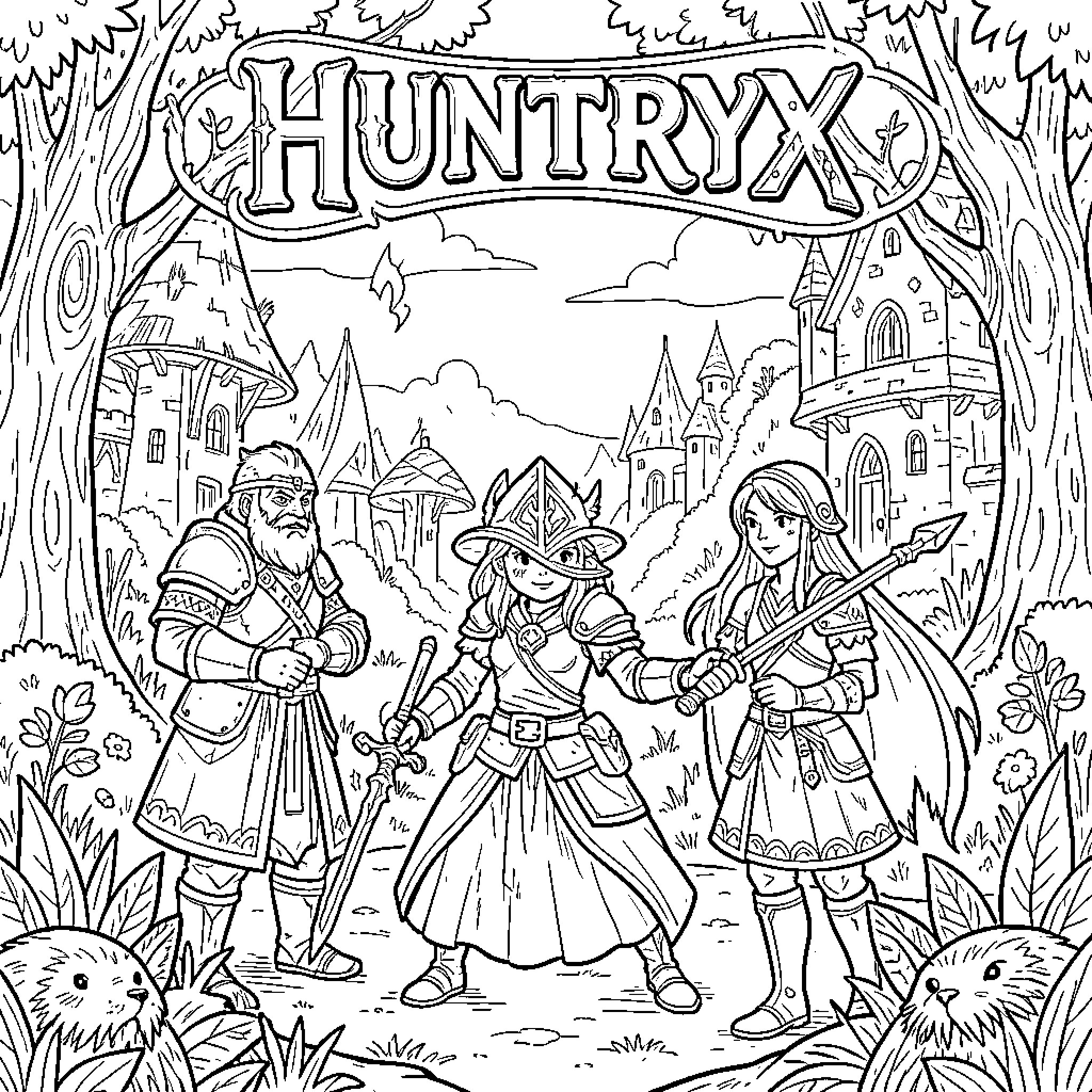 Huntryx: Fantasy Characters in a Whimsical Woodland Setting Coloring Page (free black-and-white line drawing printable PDF for all, from beginners to advanced learners, including children, teens, adults, and seniors)
