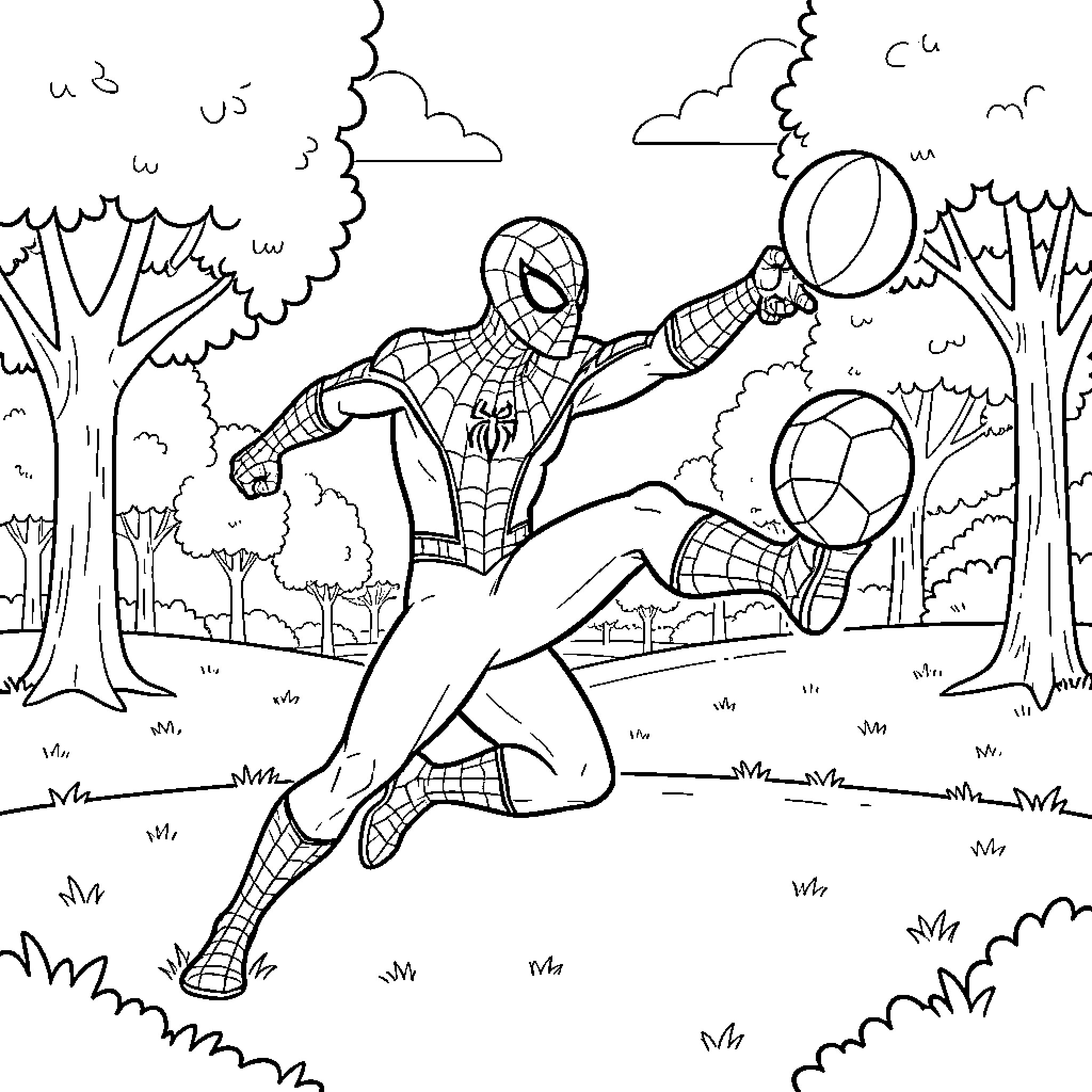 Spiderman playing with balls in a park Coloring Page (free black-and-white line drawing printable PDF for all, from beginners to advanced learners, including children, teens, adults, and seniors)