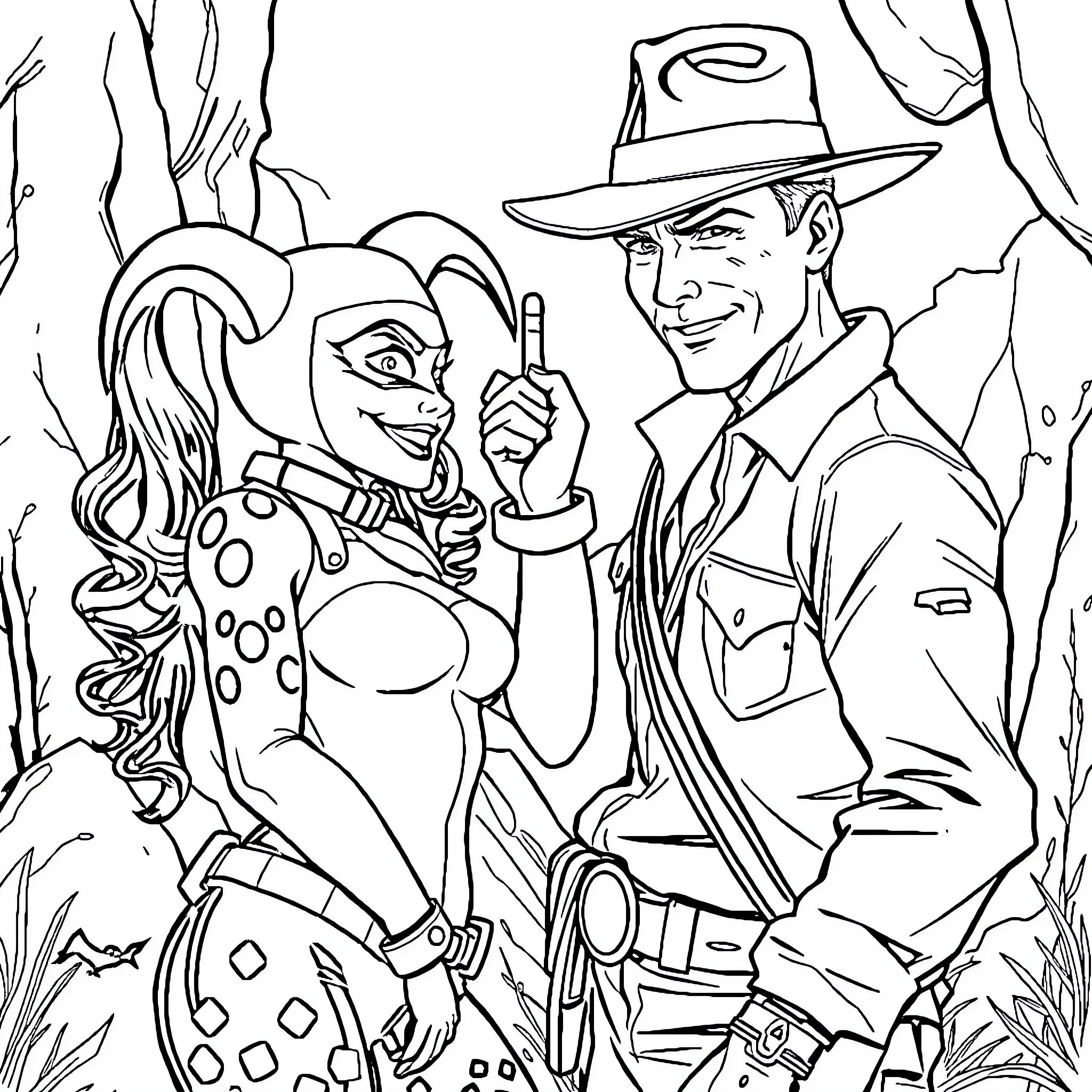 Harley Quinn and Joker in Wild West Attire Coloring Page (free black-and-white line drawing printable PDF for all, from beginners to advanced learners, including children, teens, adults, and seniors)