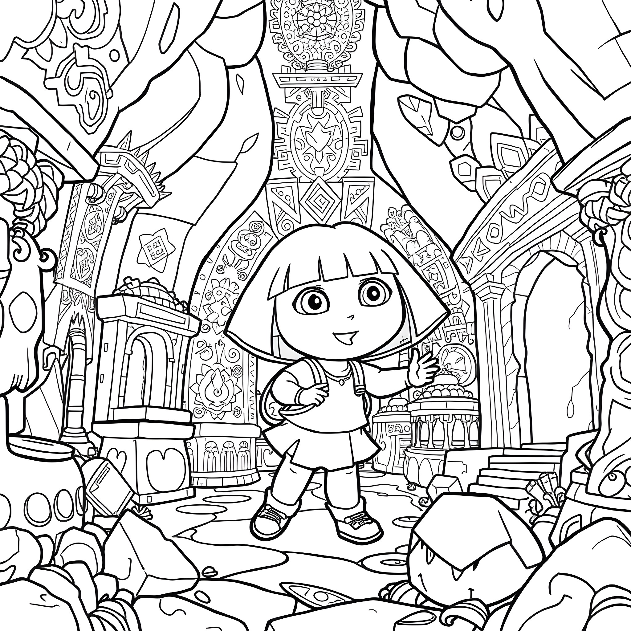 Dora's Magical Adventure in the Enchanting World Coloring Page (free black-and-white line drawing printable PDF for all, from beginners to advanced learners, including children, teens, adults, and seniors)