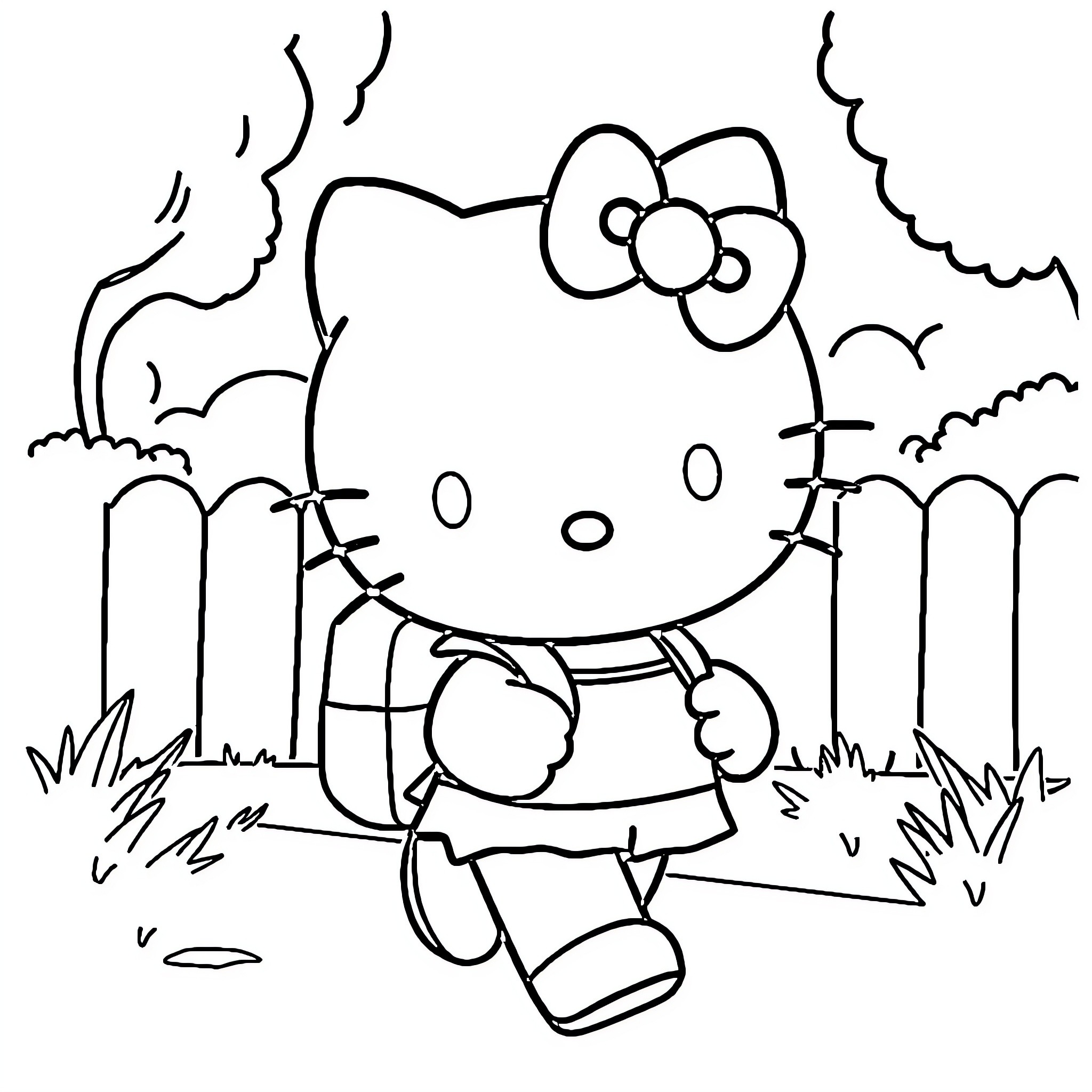 Hello Kitty exploring the outdoors Coloring Page (free black-and-white line drawing printable PDF for all, from beginners to advanced learners, including children, teens, adults, and seniors)